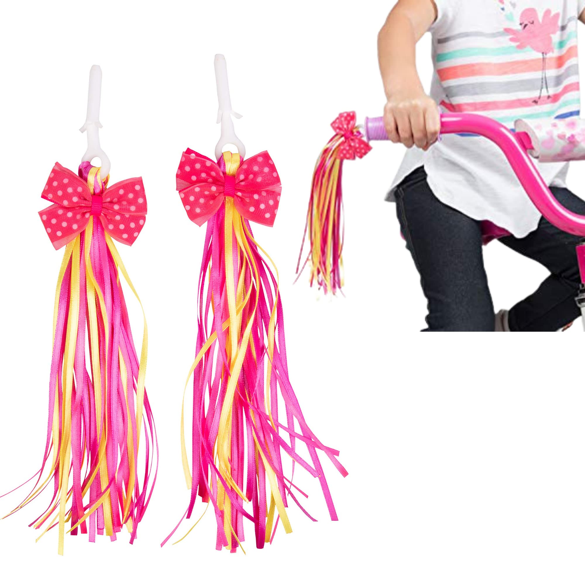 Girls Bike Handlebar Streamers (2 Pack) - Cute Bow Design for Bicycle & Scooter - Easy to Install on Most Handlebars - Pink & Yellow - Perfect Spring Summer Gift for Kids - Great for Birthday Parties, Outdoor Rides & Decoration