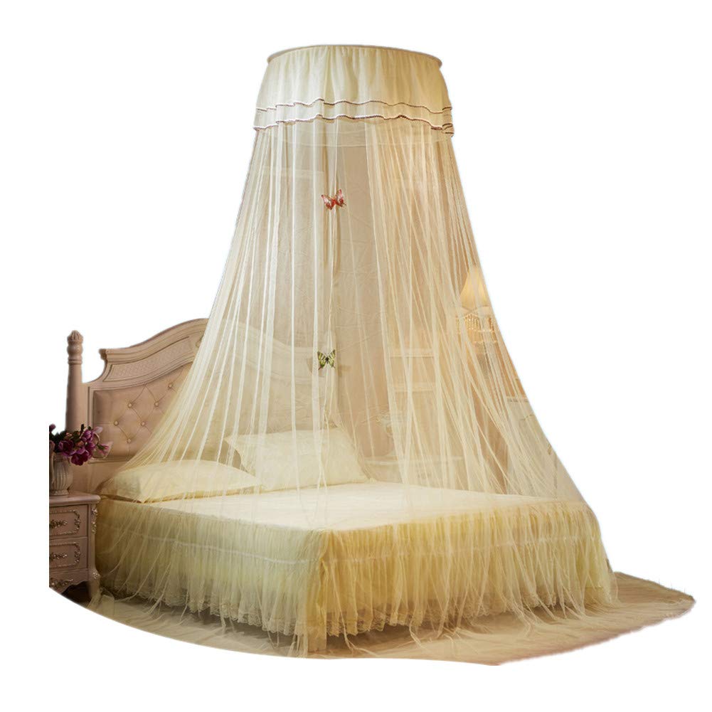 Elegant Princess Lace Bed Canopy with Round Hoop - Mosquito Net for Crib, Twin, Full & Queen Size Beds (Yellow) | Perfect for Girls' Bedrooms, Nursery Decor & Romantic Bedroom Ambience