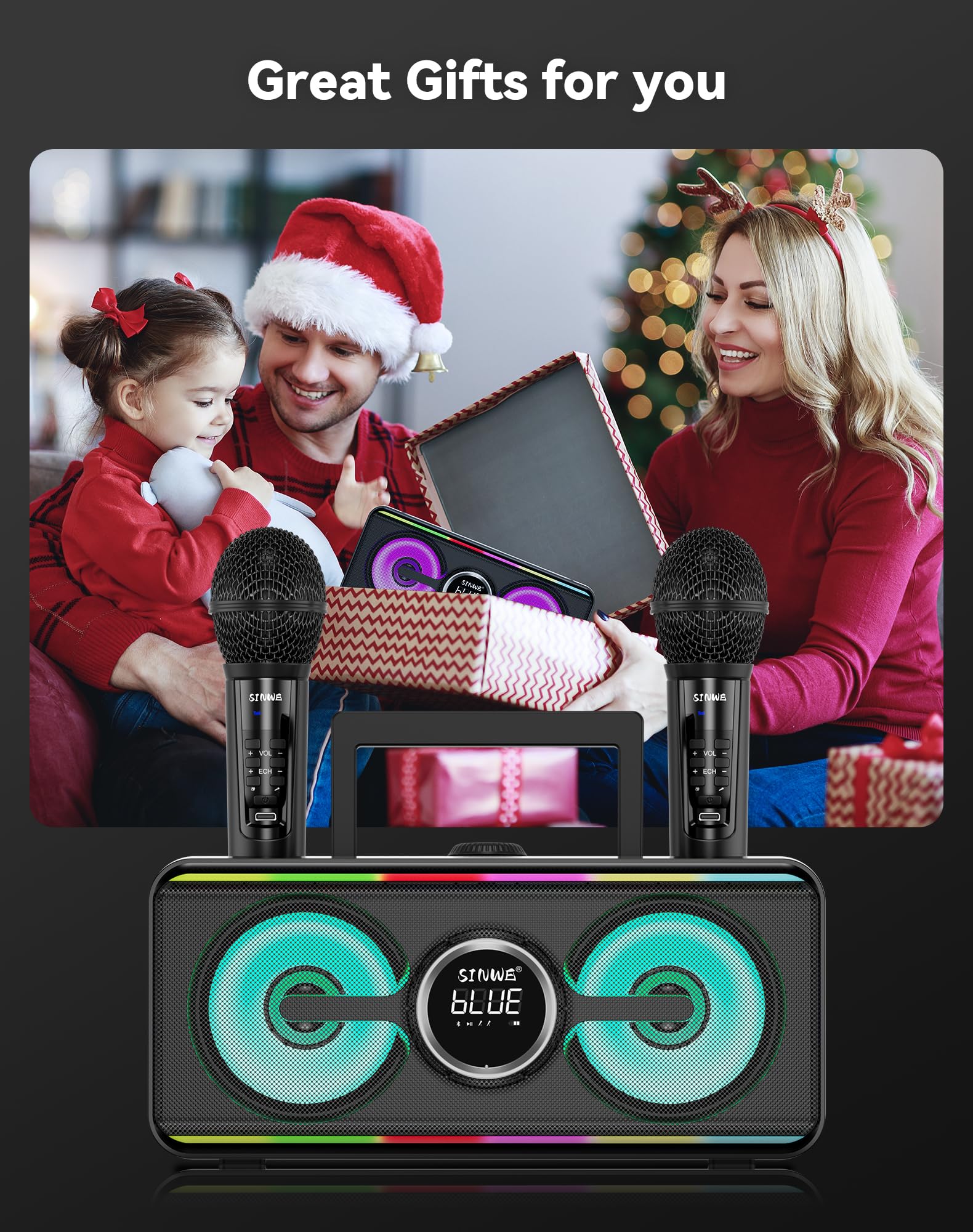 Portable Bluetooth Karaoke Machine with 2 UHF Wireless Microphones & LED Lights - Home Party Speaker System for Adults & Kids | Indoor/Outdoor Use, Weddings, Church Events, Birthday Gifts (K2 Model) - Perfect for Family Gatherings, Karaoke Nights & Special Celebrations