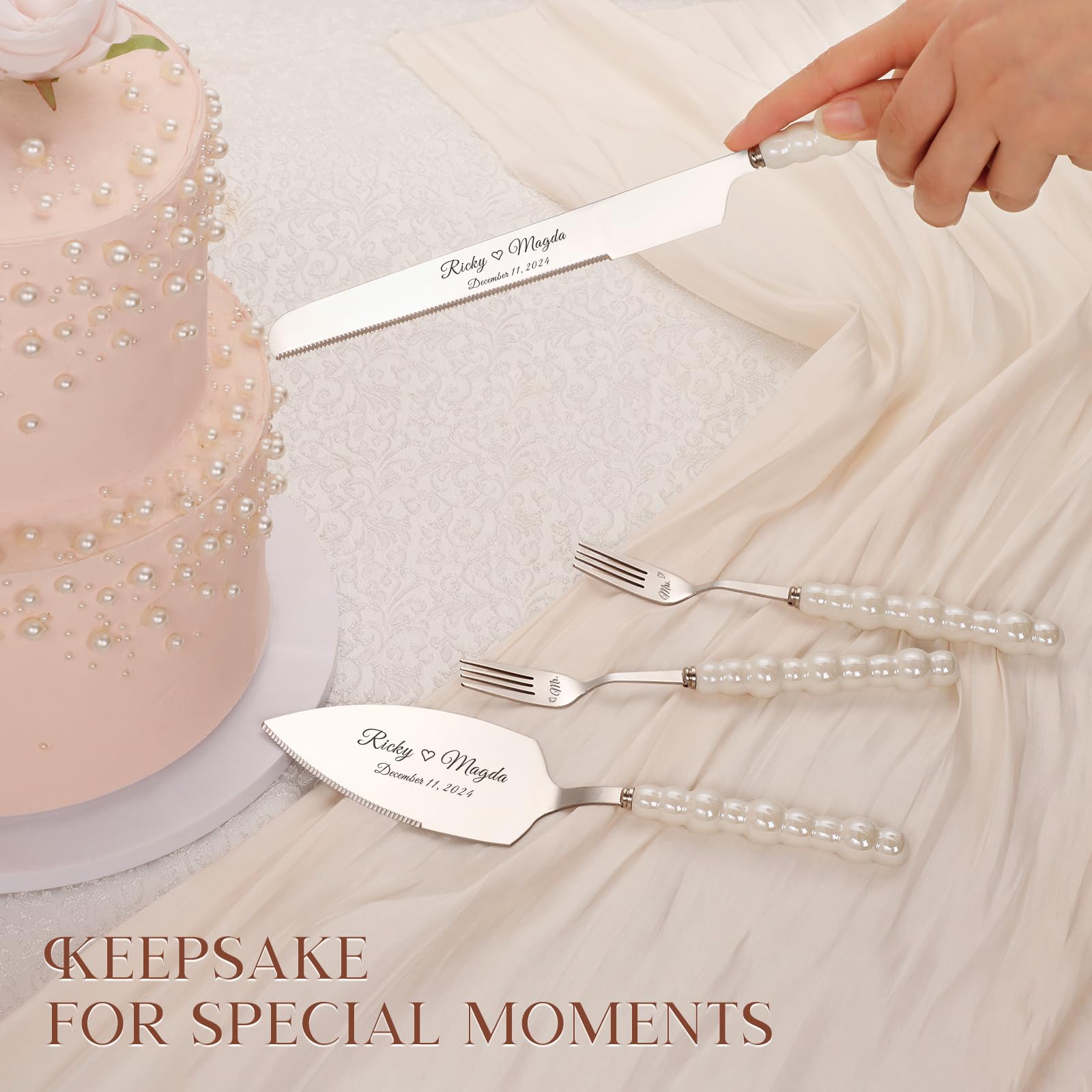 Personalized Cake Cutting Set with Forks - Stainless Steel Pearl Cake Knife & Server with Serrated Edges - Silver Pie Cutter & Pizza Spatula - Perfect for Weddings, Engagements, Birthdays & Special Occasions
