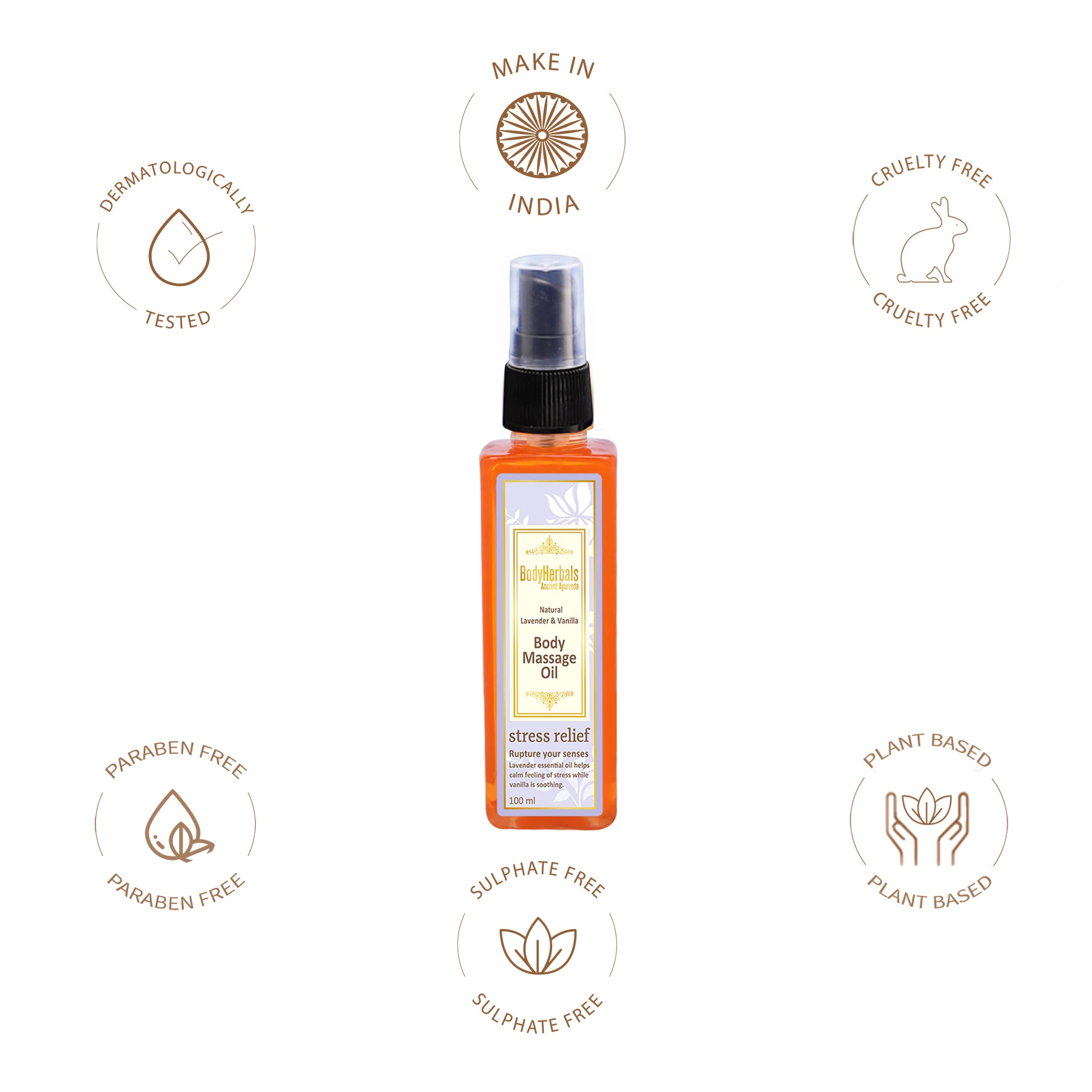 BodyHerbals Stress Relief Natural Lavender & Vanilla Body Massage Oil (100ml) with Wooden Massager | Almond & Coconut Oil Blend | Detox, Tone & Reduce Cellulite | 100% Vegan, Paraben & SLS Free | For Men & Women | All Skin Types | Relaxing Aromatherapy for Spa, Home Use & Couples Massage