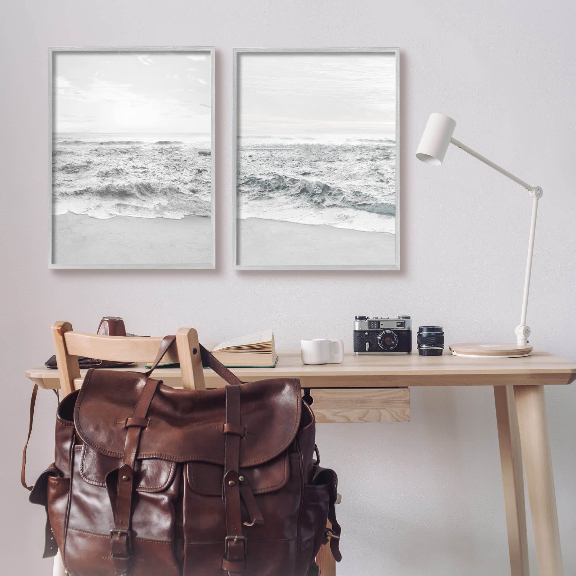 Stupell Industries Coastal Wall Art - Rough White Shoreline Beach Waves & Foggy Sky Painting by Natalie Carpentieri | Coastal Home Decor for Living Room, Bedroom or Office