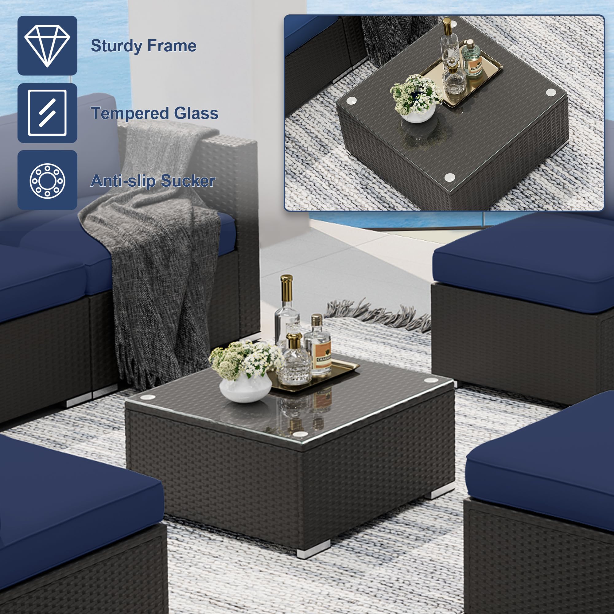 SOLAURA 7-Piece Outdoor Patio Furniture Set - Black/Brown Wicker Rattan Sectional Sofa with Coffee Table, Navy Blue Cushions - Perfect for Backyard, Poolside & Garden Relaxation