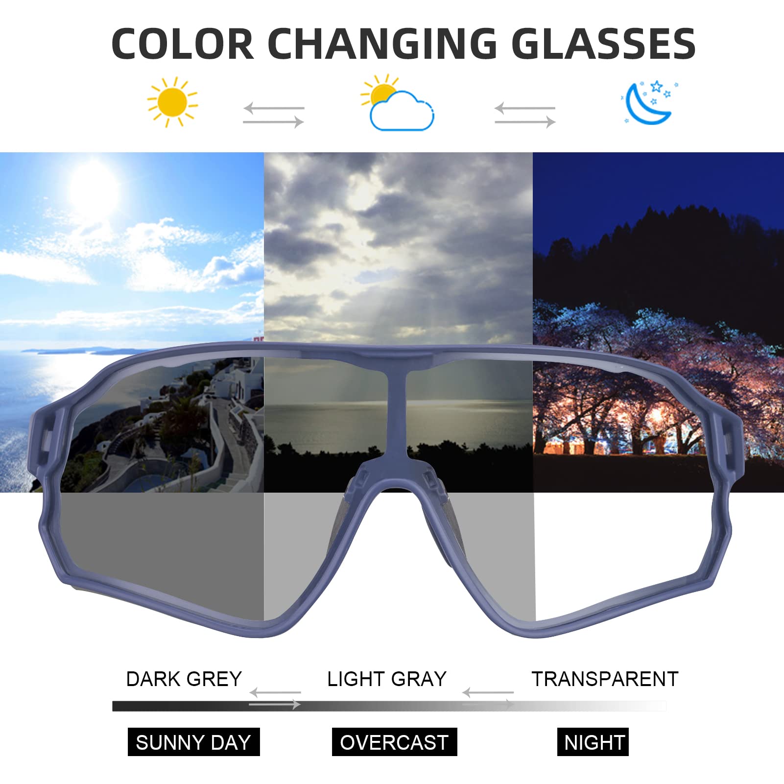 ROCKBROS Photochromic Cycling Sunglasses for Men - UV Protection, Lightweight & Anti-Fog Sports Bike Glasses for Outdoor Cycling, Running & Hiking