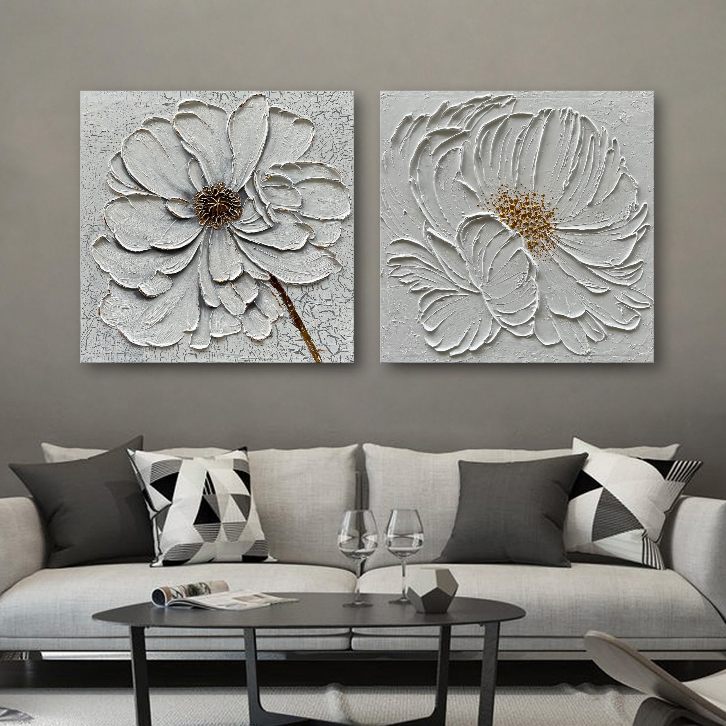 36x36 Inch White Flower Texture Abstract Hand Painted Canvas Wall Art - Modern Home Decor for Living Room, Bedroom & Office