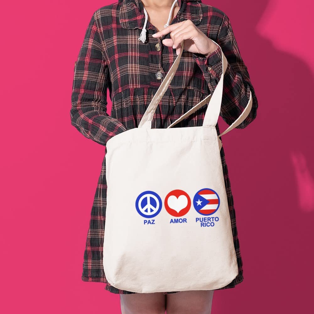 Paz Amor Puerto Rico Tote Bag - Natural Canvas Reusable Shopping Bag for Groceries, Beach & Travel | Eco-Friendly & Durable