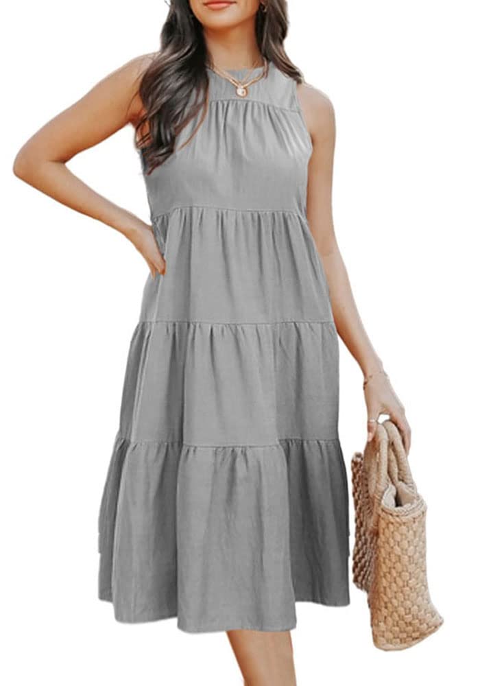 Koodred Women's Sleeveless Flowy Summer Dress - Round Neck Pleated Midi Tiered Dress for Casual Outings, Beach Vacations & Date Nights