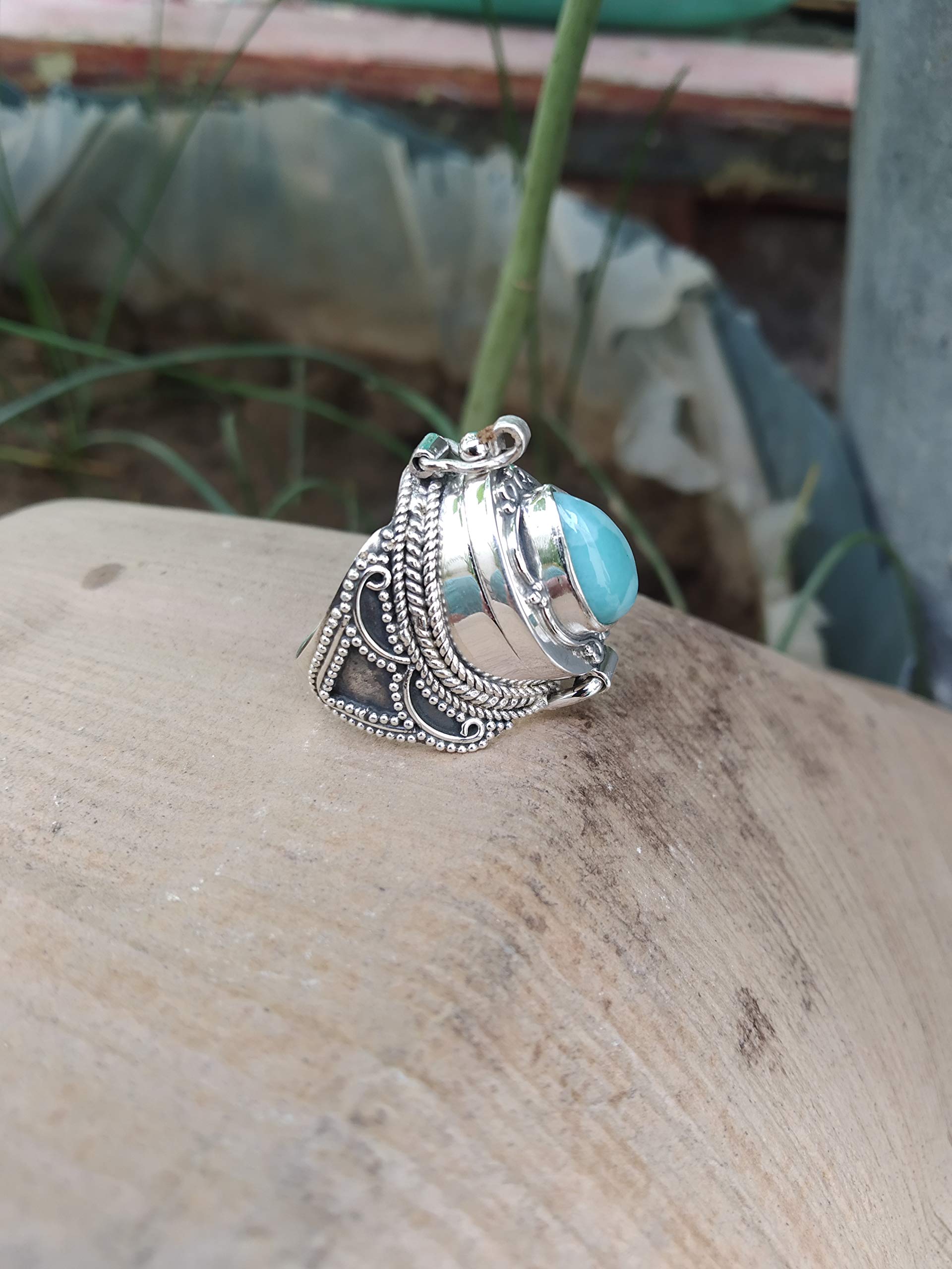Larimar Poison Ring - Handmade 925 Sterling Silver Vintage Style Openable Secret Box Ring | Unique Mother's Day Gift for Women & Men | Perfect for Jewelry Collections, Special Occasions & Surprise Gifts