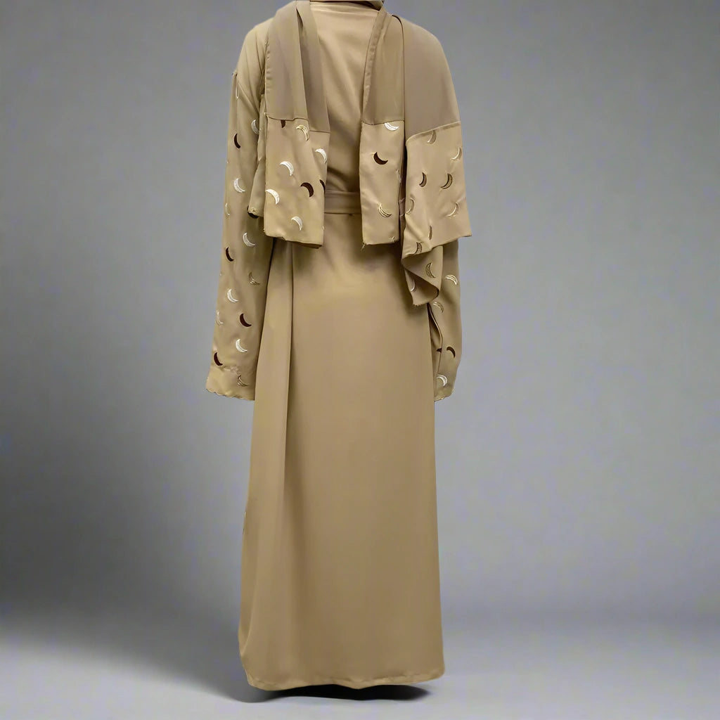 Elegant Muslim Women's Moon Embroidery Open Abaya Dress with Pockets - Modest Islamic Prayer Dress for Mosque, Eid & Special Occasions