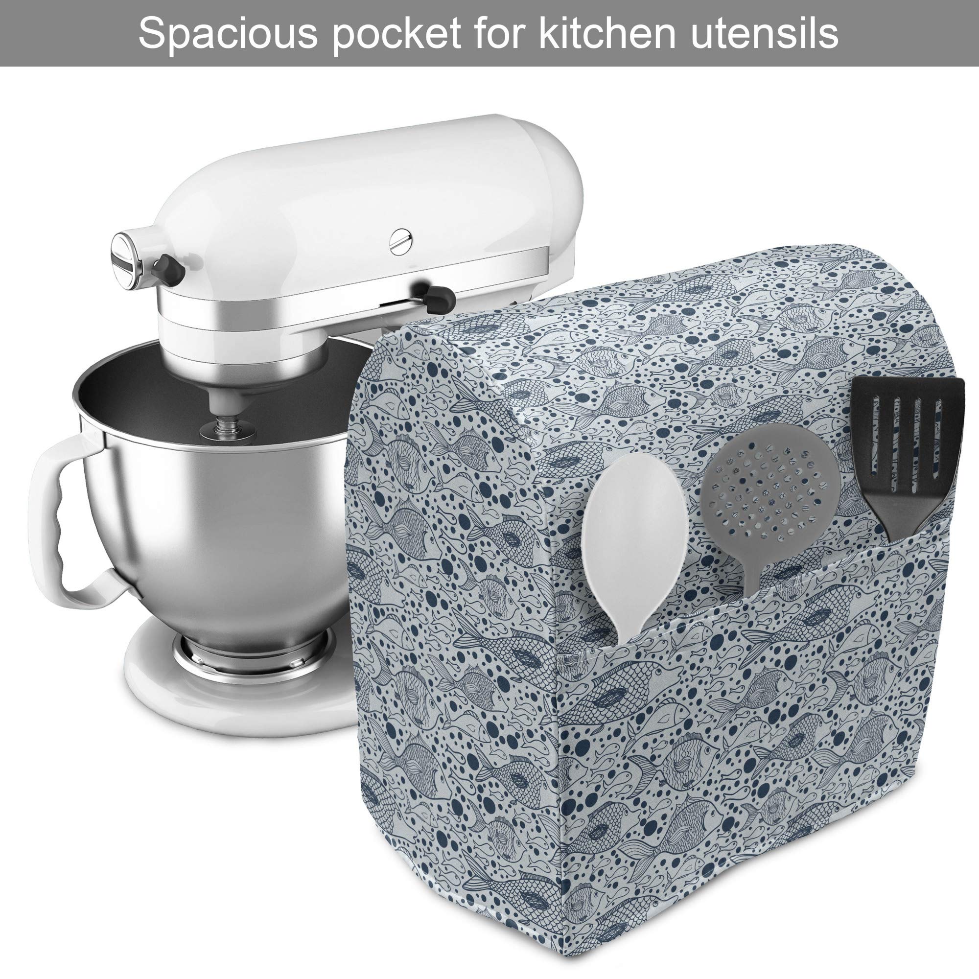Ambesonne Blue Stand Mixer Cover - Fish with Bubbles Underwater Sea Life Art Design, Kitchen Appliance Organizer with Pocket for 6-8 Quart Mixers - Perfect for Baking & Cooking Protection (Blue)