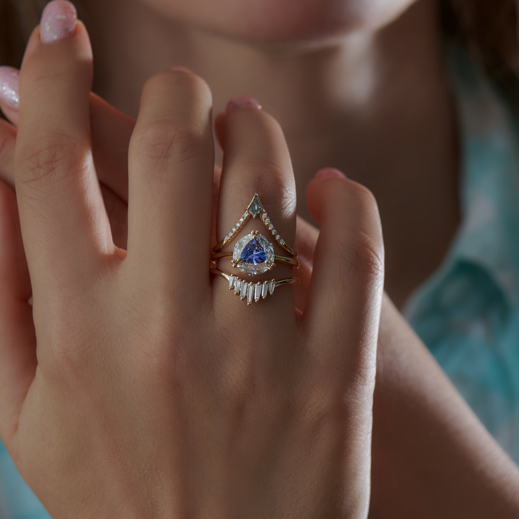 Exquisite Marquise Diamond & Purple Trillion Sapphire Engagement Ring for Women - Perfect for Proposals, Weddings & Anniversary Gifts
