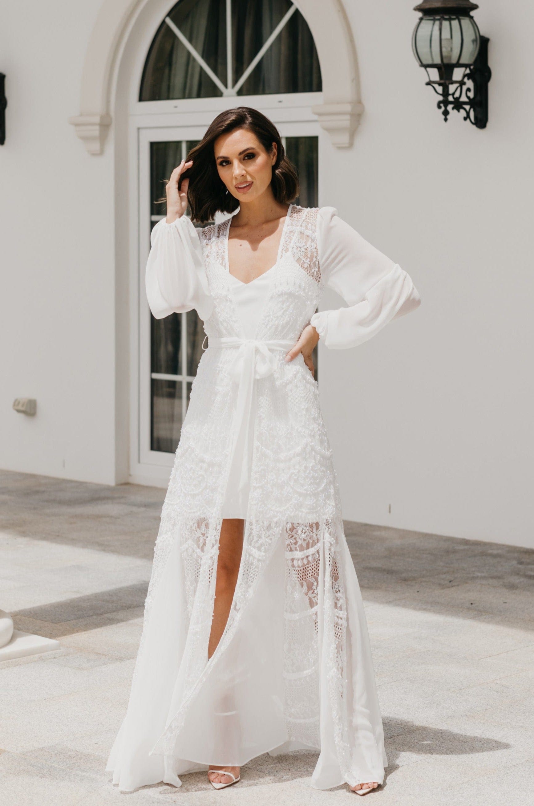 Elegant Hand-Beaded Pearl Maxi Bridal Robe with Slip - Perfect for Wedding, Bridal Shower & Honeymoon Getaway