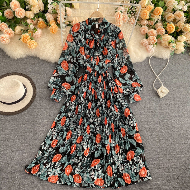 Elegant Holiday Party Dress with Bow V-Neck & Puff Sleeves - Flowy Pleated Midi Skirt for Women | Perfect for Christmas, New Year, and Special Occasions