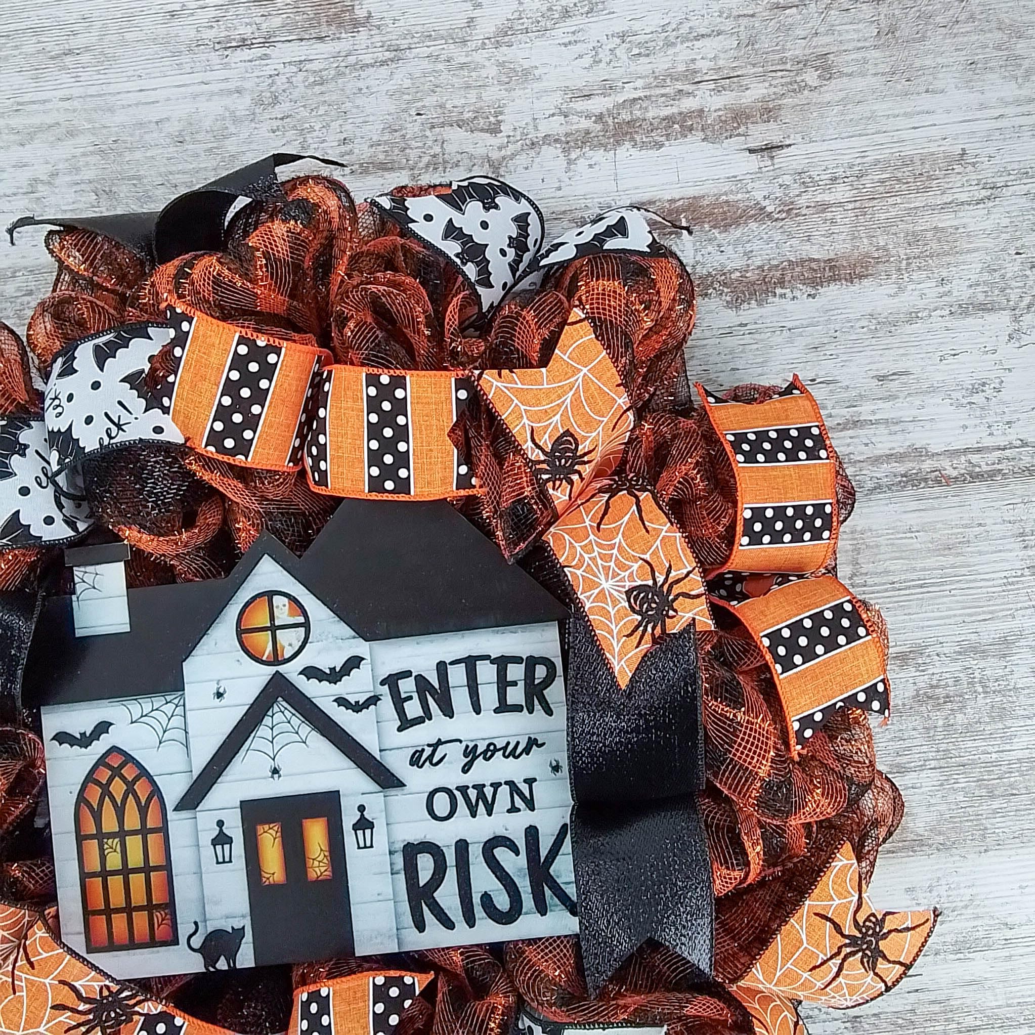Spooky Halloween Wreath - Haunted House Door Decor with Orange Black White Stripes - Perfect for Front Door, Porch & Party Decorations