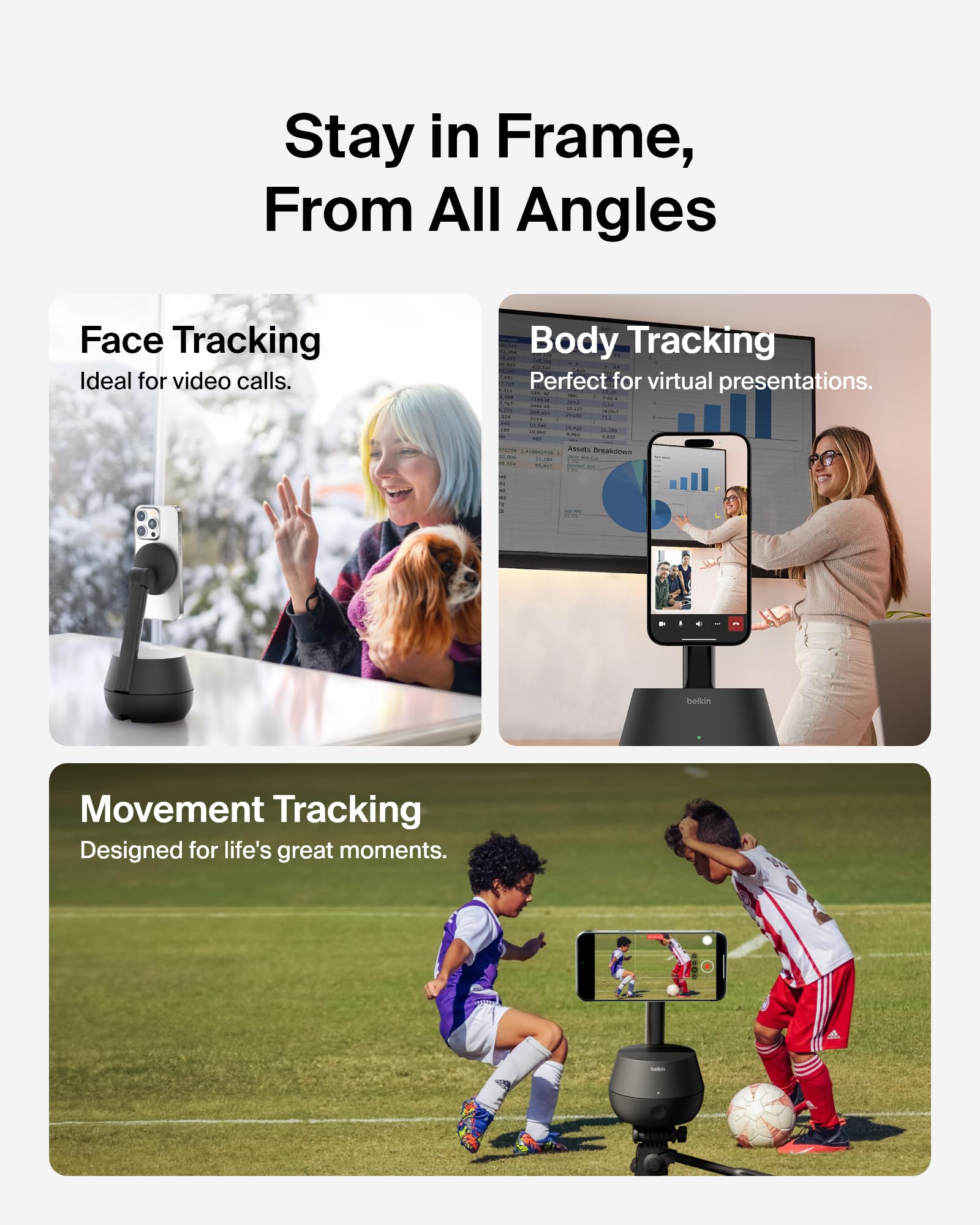 Belkin Wireless Charger Stand with Auto Face Tracking - Apple DockKit Certified, Tripod & MagSafe Compatible, 360° Rotation for iPhone - Perfect for FaceTime, TikTok, YouTube & Social Media Content Creation