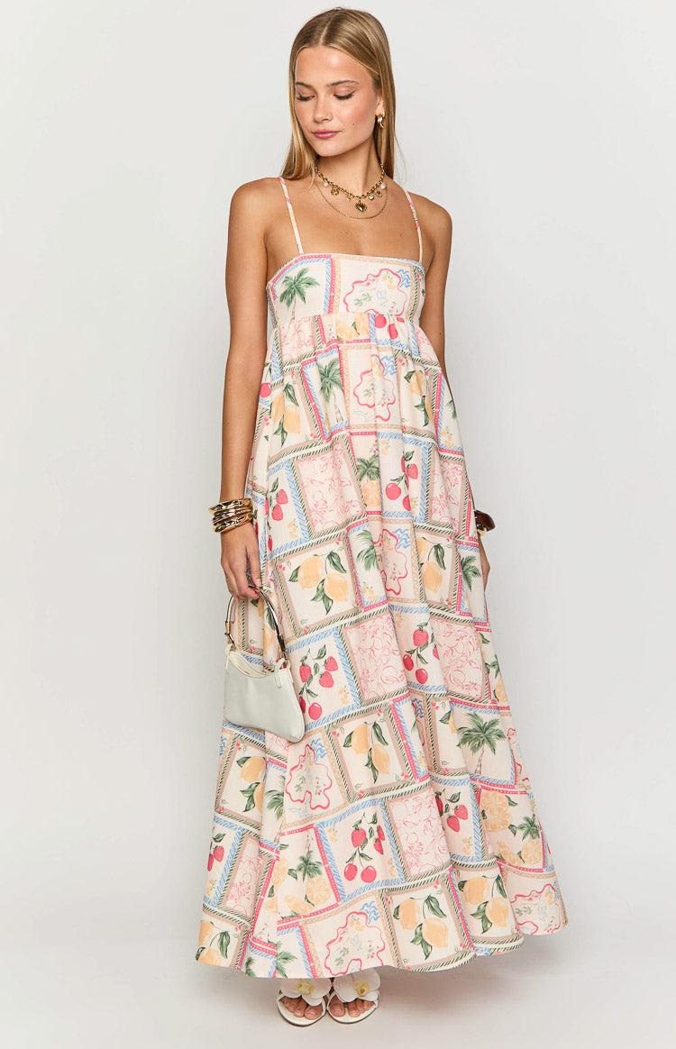 Stylish Akari White Maxi Dress with Tomato Girl Print - Perfect for Summer Beach, Vacation & Boho Fashion