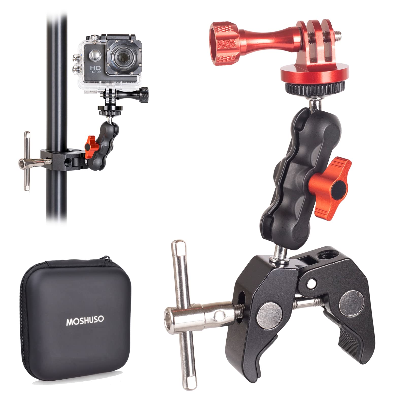 MOSHUSO Super Clamp Mount for GoPro & DSLR Cameras - 360° Ballhead Magic Arm with Double Ball Head & 1/4