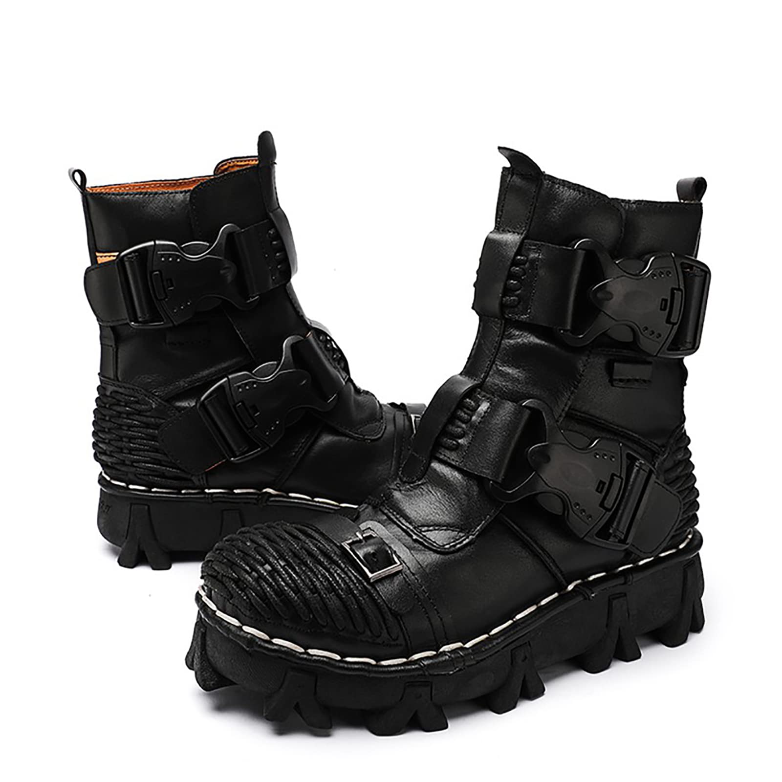 Men's Black Punk Leather Motorcycle Boots - Desert & Combat Style for Riding & Outdoor Adventures - Size 8 US