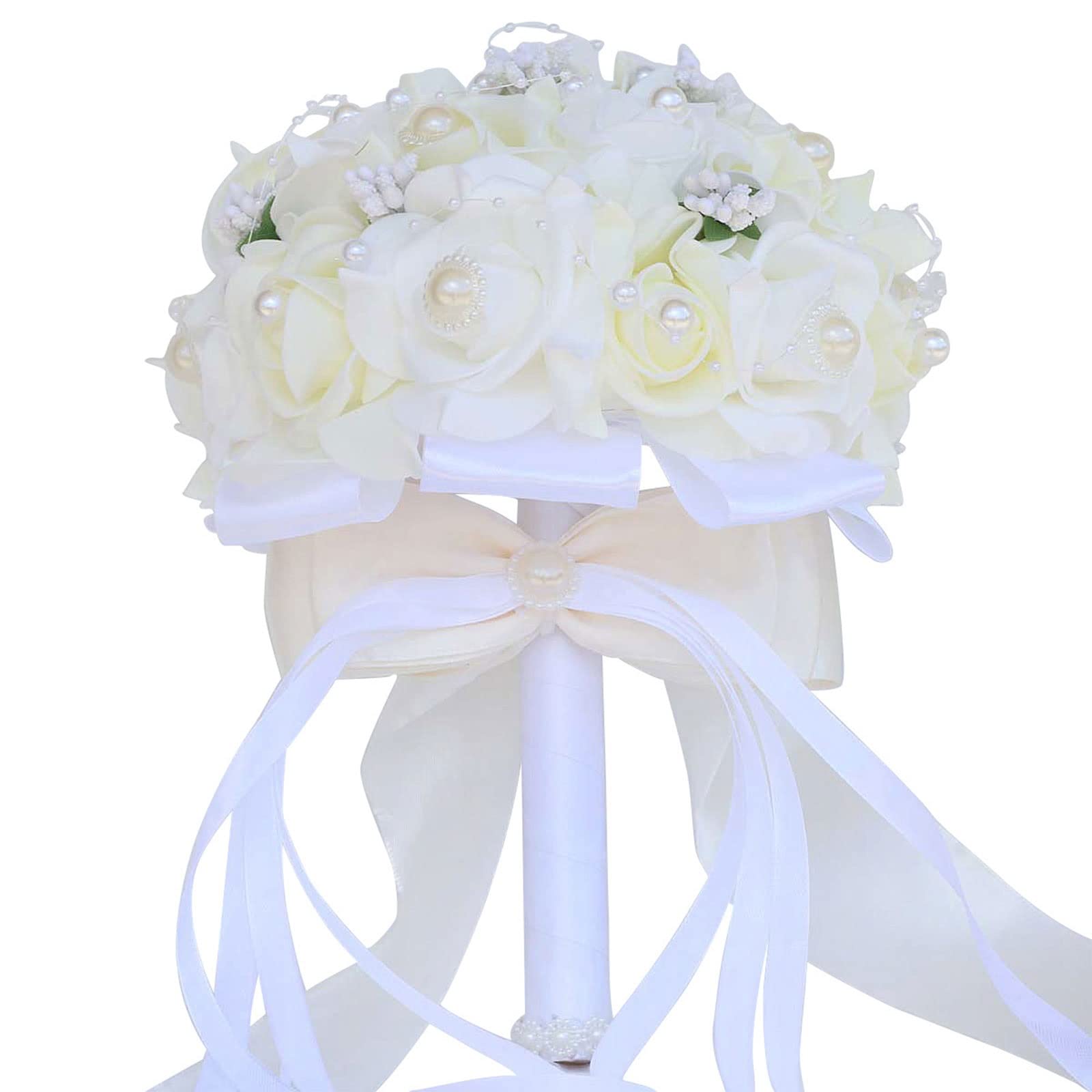 Feijia White Silk Pearl Rose Bridal Bouquet - Elegant Wedding Bouquet for Brides, Church Ceremonies & Photography - Perfect for Wedding Decor, Home Decor & Studio Props