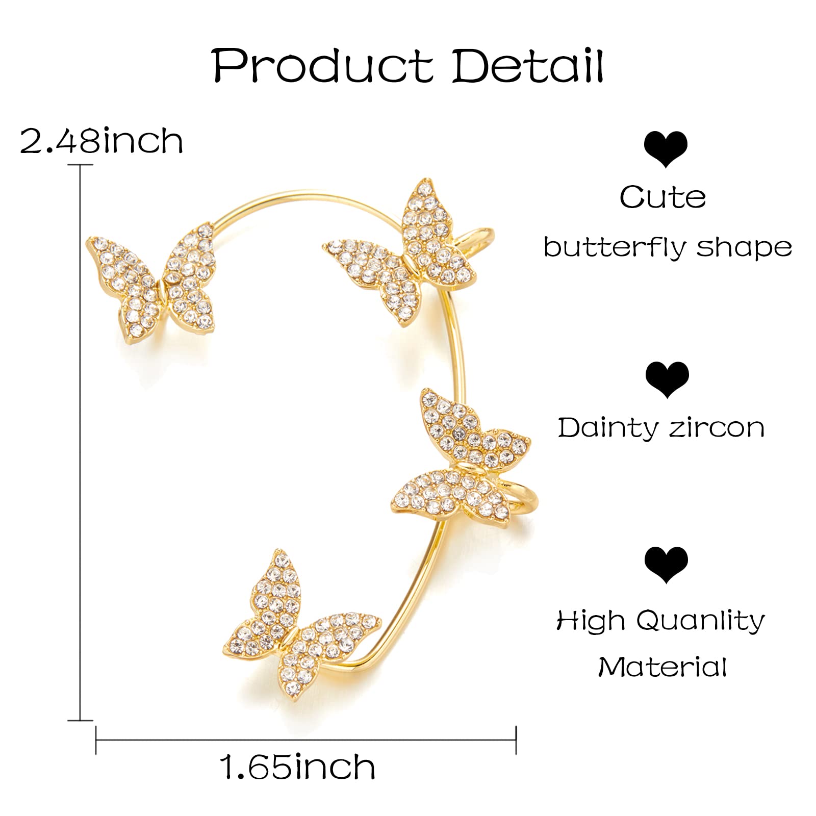 Butterfly Cuff Wrap Earrings for Women - No Piercing Zircon Ear Clips - Elegant Around Ear Jewelry for Parties, Weddings & Special Occasions
