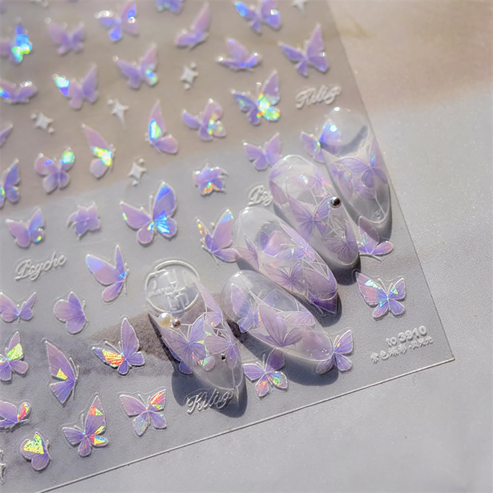 2 Sheets Butterfly Nail Stickers for Nail Art - Shell Glitter Nail Decorations, Purple Grey Butterfly Nail Decals with 3D Relief Design - Perfect for DIY Manicures, Parties, and Special Occasions
