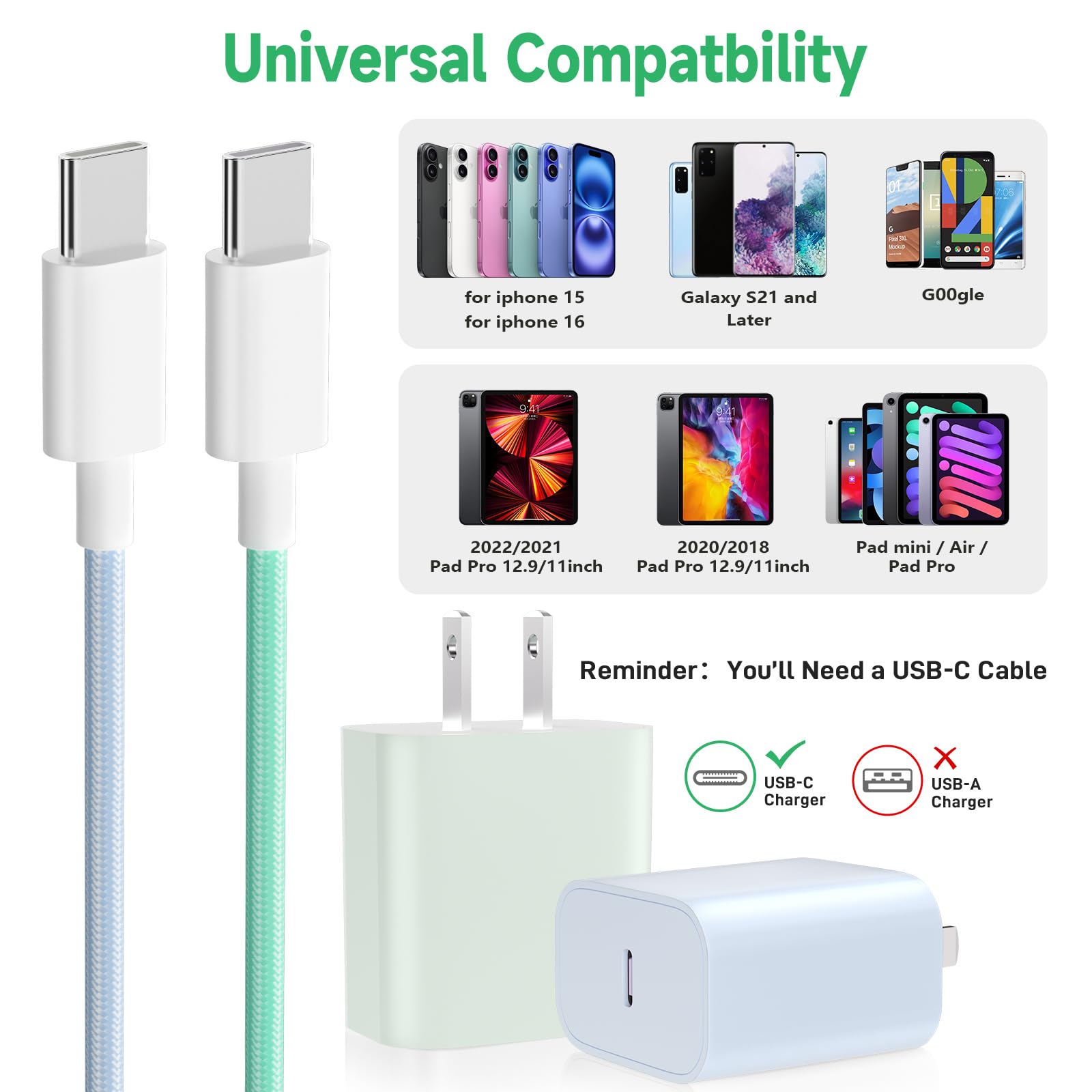 20W USB C Fast Charger Block for iPhone 15/15 Pro/15 Pro Max & iPad Pro - 2 Pack with 6FT Nylon Braided USB C to C Cable (Blue/Green) - Fast Charging for Travel, Home & Office Use