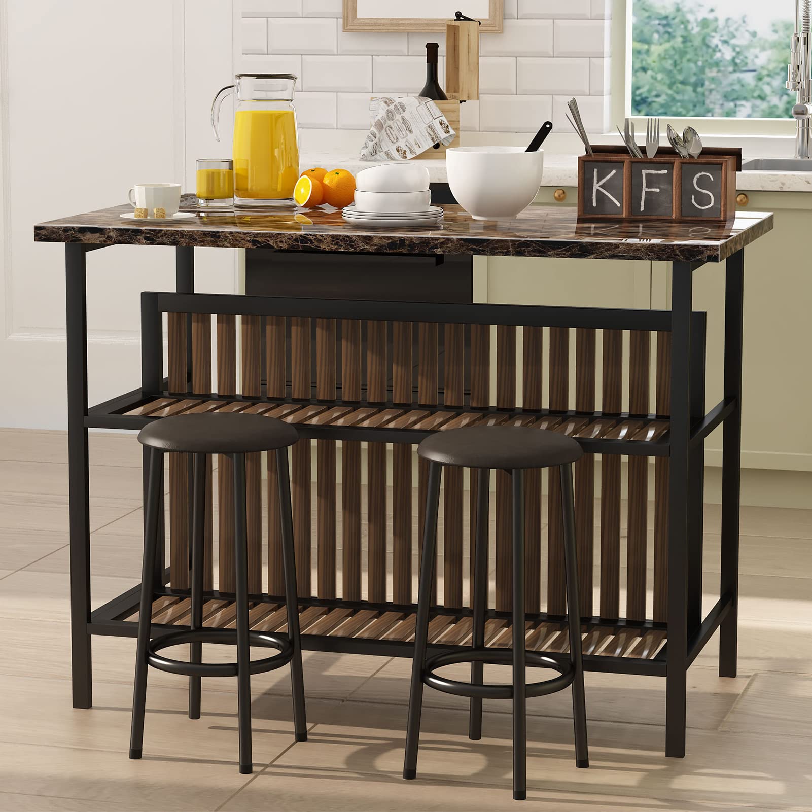 Recaceik 3-Piece Pub Table Set - Modern Rectangular Bar Height Dining Table with 2 Stools, Faux Marble Countertop & Storage Shelf - Kitchen Island Breakfast Nook, Small Space Dining, Bar Height Conversation Set (Brown)