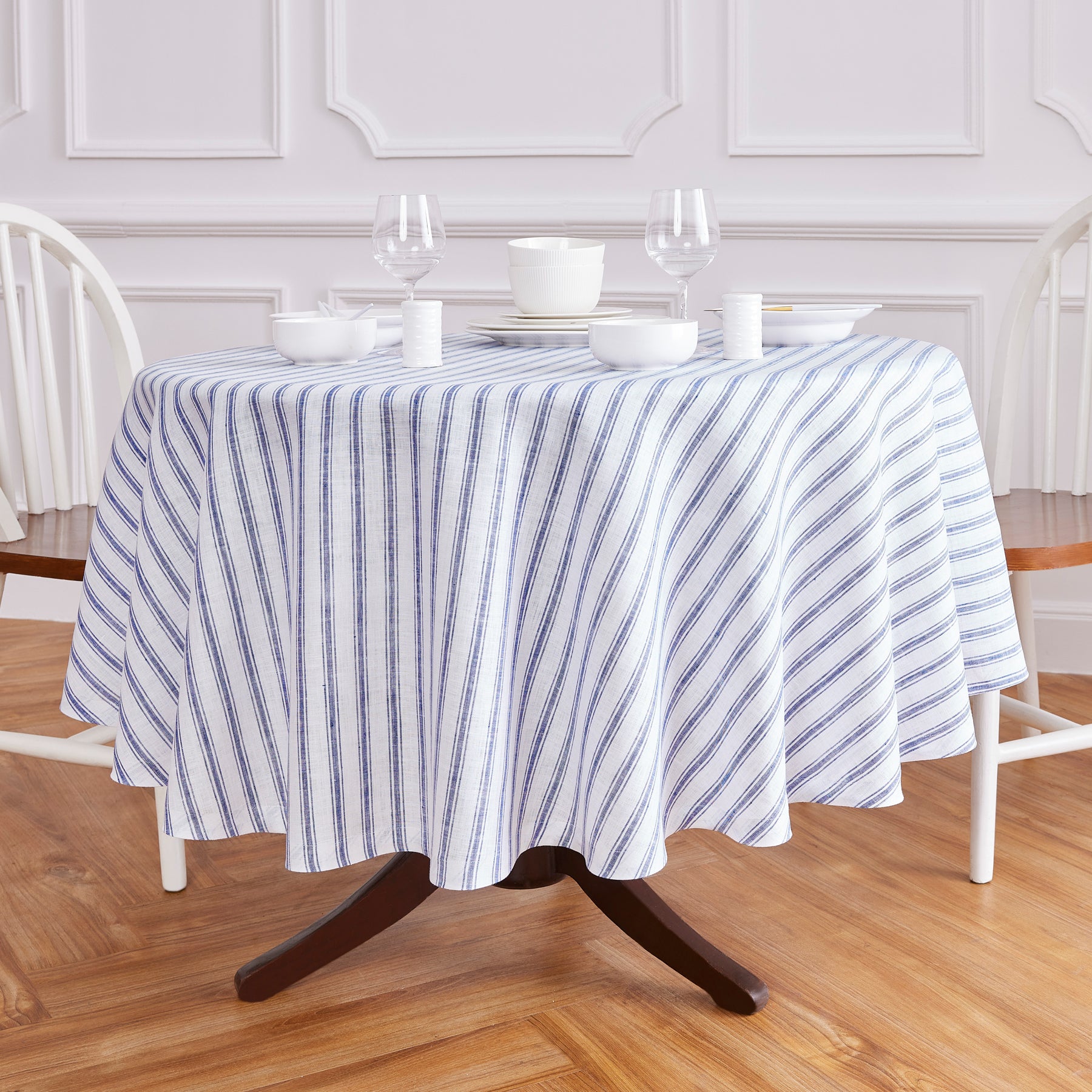 Stylish Capri Ticking Stripe Round Tablecloth - 60 Inch Waterproof Outdoor Dining Table Cover for Patio, Picnic & Party Decor