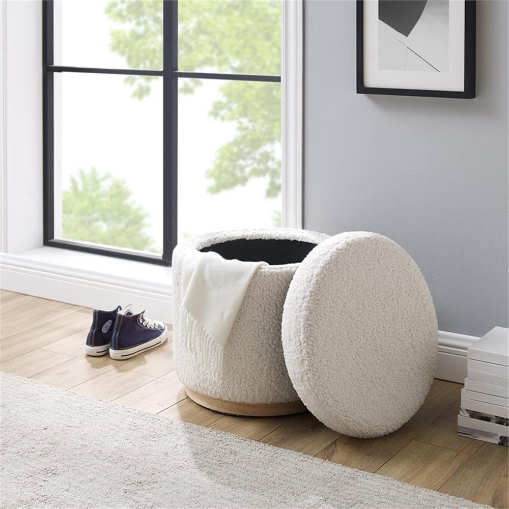 Linon Hawn Round Padded Storage Ottoman with Light Wood Trim - Natural Sherpa Fabric Upholstered Footrest Stool for Living Room, Bedroom & Home Decor