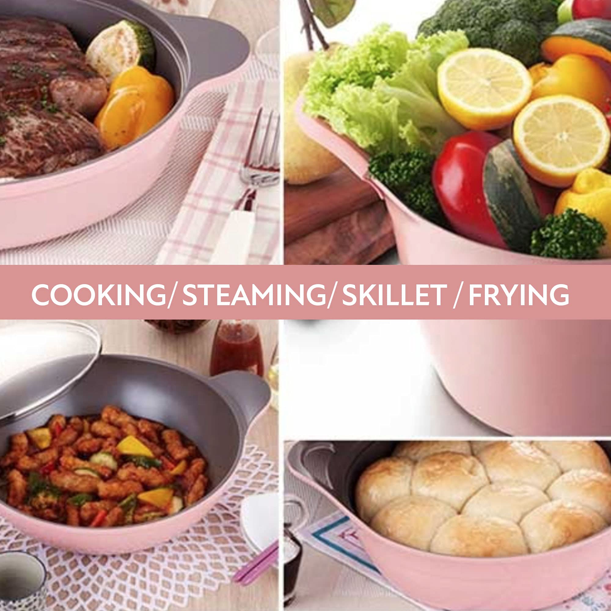 Neoflam Eela 7-Piece Ceramic Nonstick Cookware Set - Pink Pots & Pans with Glass Lids & Silicone Handle Holder | Saucepan, Frying Pan, Casserole Stockpot | Healthy Cooking for Family Meals & Entertaining