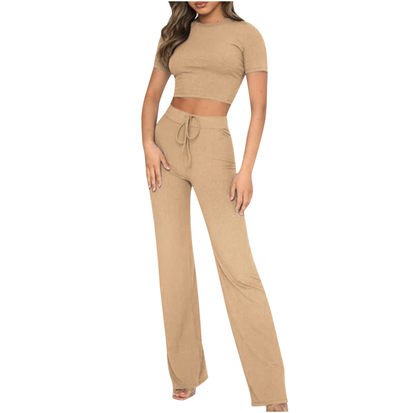 Women's 2-Piece Summer Workout Set - Ribbed Short Sleeve Crop Top & Slim Fit Stretch Yoga Pants | Gym, Yoga, Running & Lounge Wear