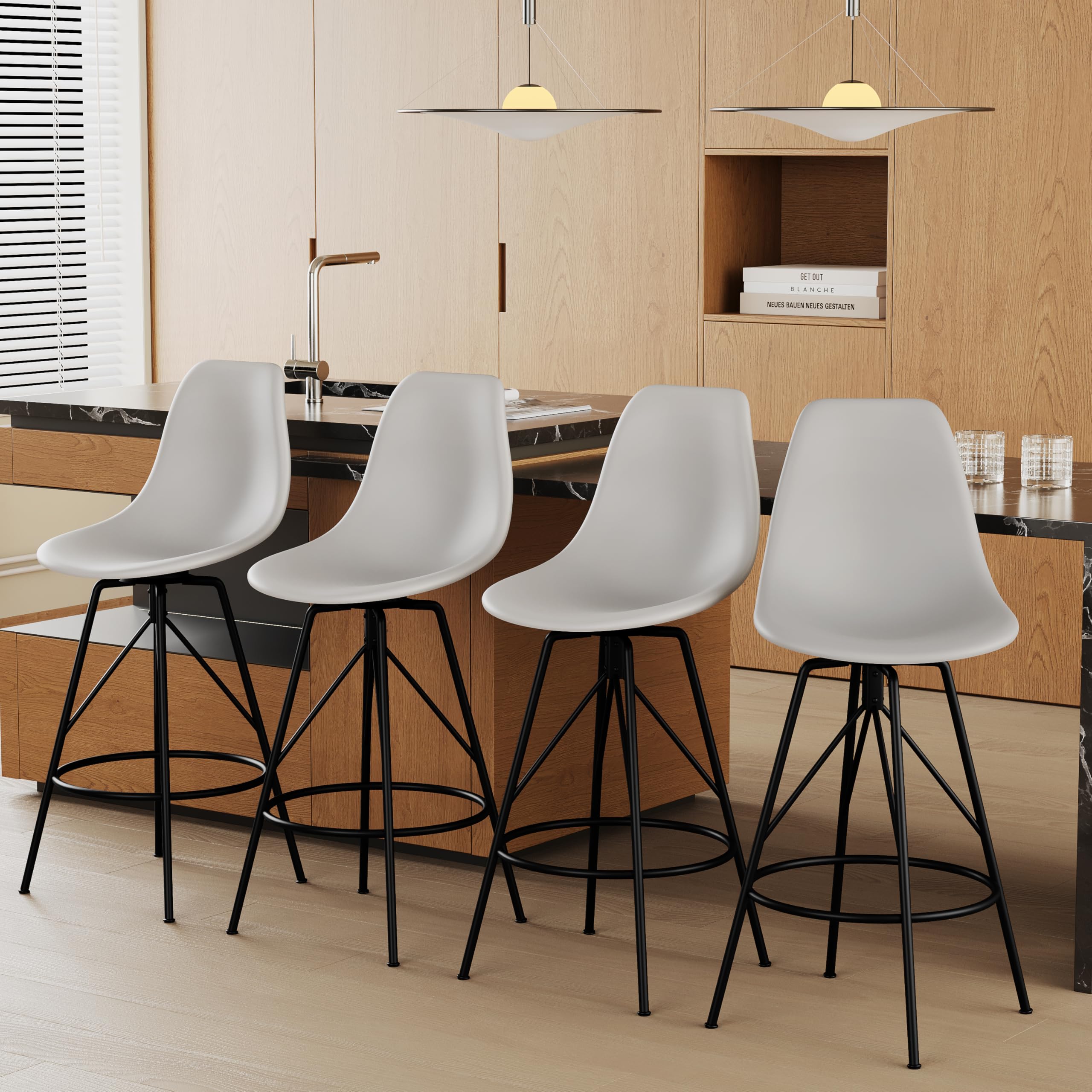 Alunaune 24 Inch Swivel Bar Stools Set of 4 - Mid Century Modern Counter Height Barstools, Armless Bar Chairs with Back Support in Grey - Perfect for Kitchen Islands, Breakfast Bars & Home Bars