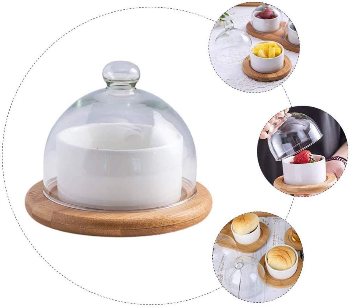 Ceramic Snack Serving Tray with Glass Dome Lid & Wooden Coaster - Elegant Dip Bowls for Nuts, Candies, Starters, Sauces - Perfect for Parties, Entertaining & Home Decor