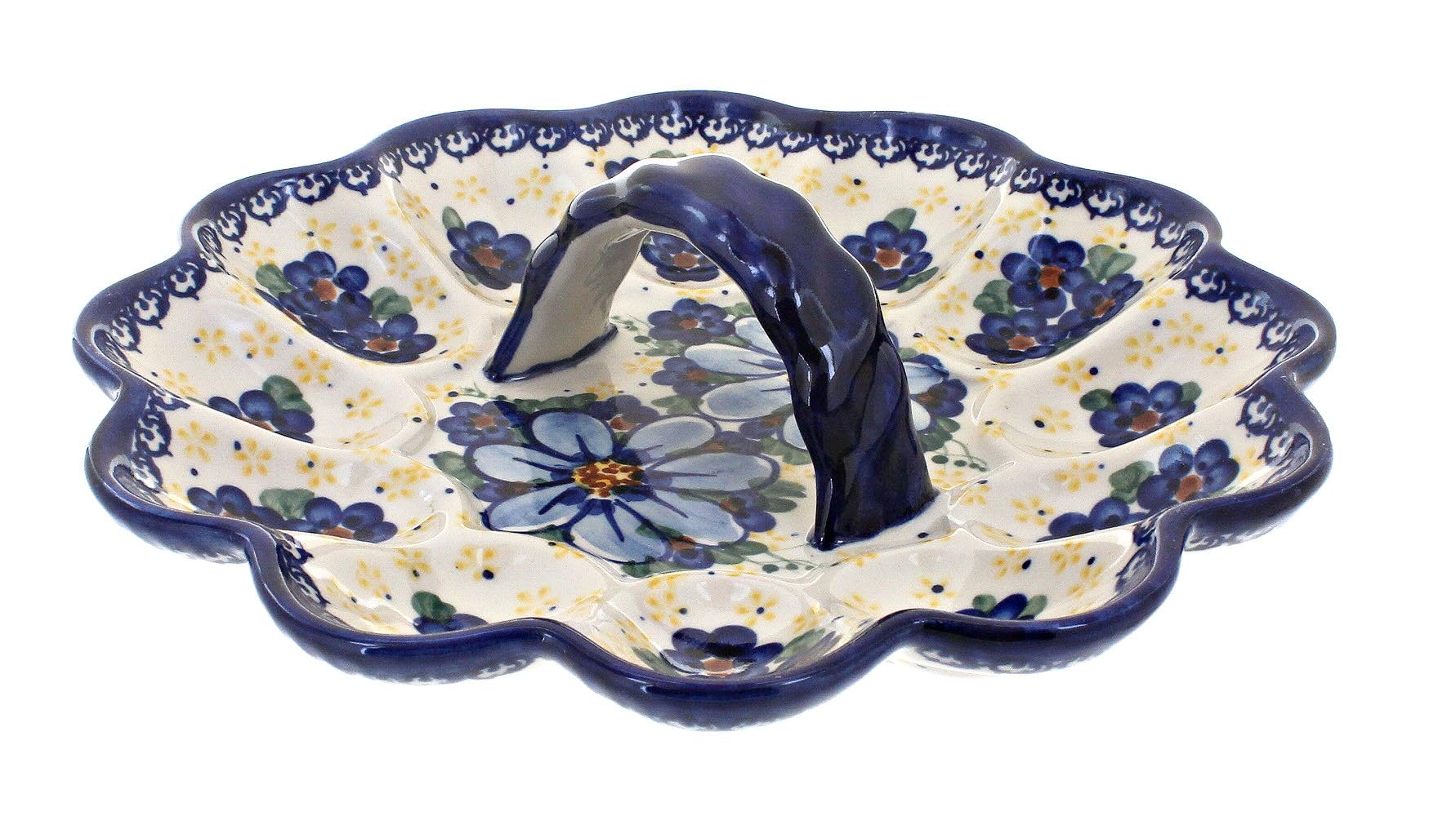 Hand-Painted Blue Rose Polish Pottery Daisy Surprise Egg Plate - Traditional European Ceramic Serving Dish for Easter, Parties & Home Decor