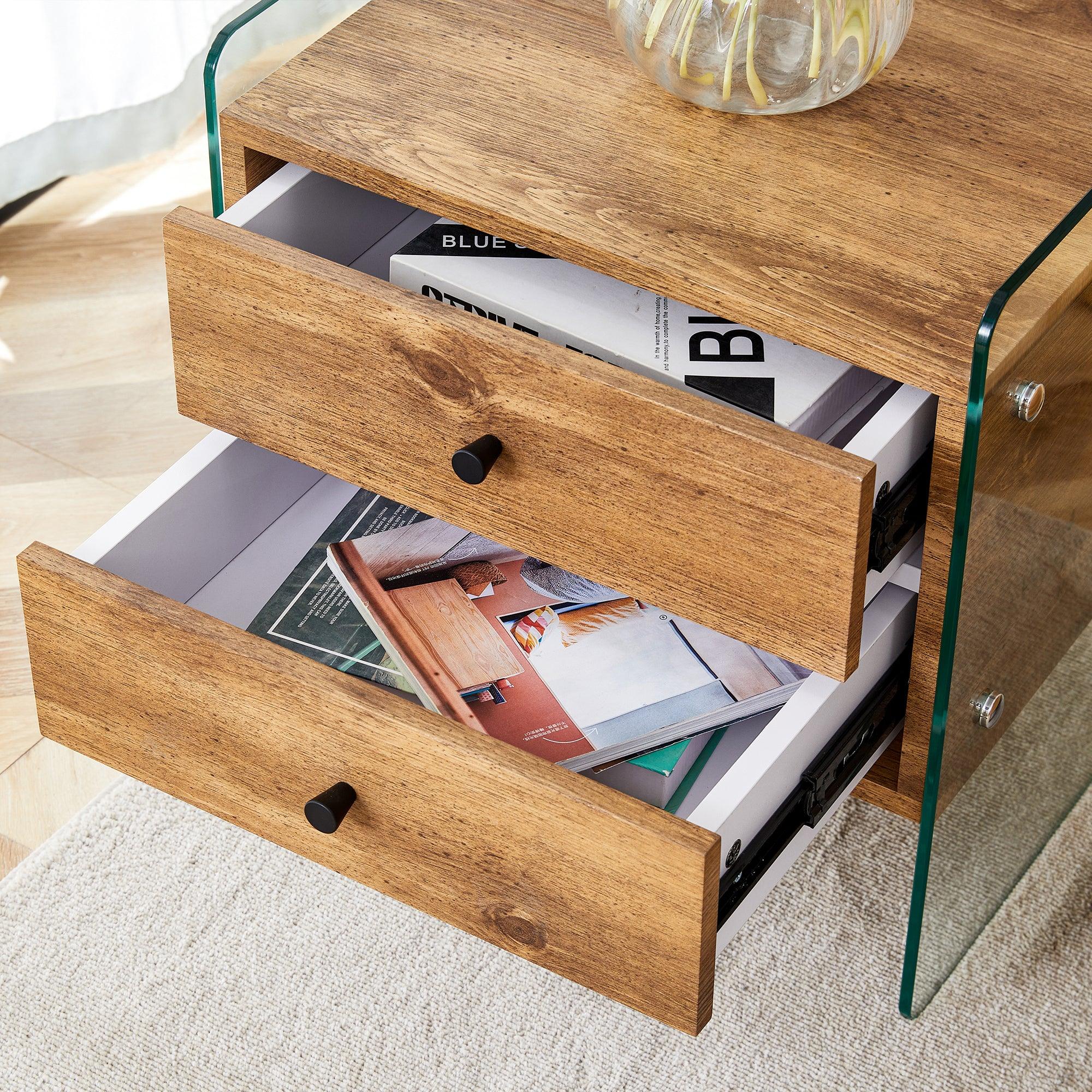 Modern Double Drawer Bedside Table with MDF Sticker Surface & Tempered Glass Sides - Elegant Design & Spacious Storage for Bedroom, Living Room, or Office