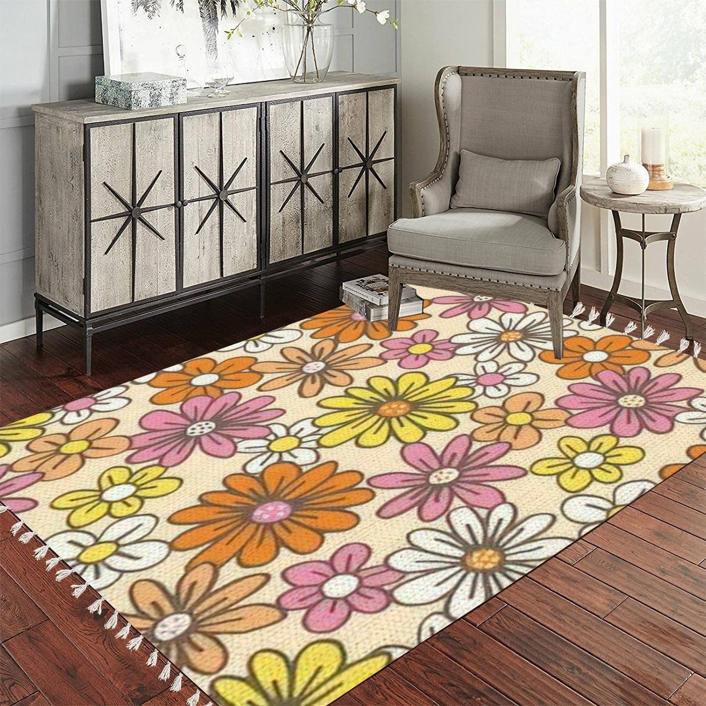 Handmade Cotton Linen Boho Rug with Retro Tassels & Floral Daisy Design - Washable Vintage Runner Mat for Bathroom, Kitchen, Outdoor Decor - Non-Slip Woven Area Carpet Perfect for Bohemian Home & Patio Use