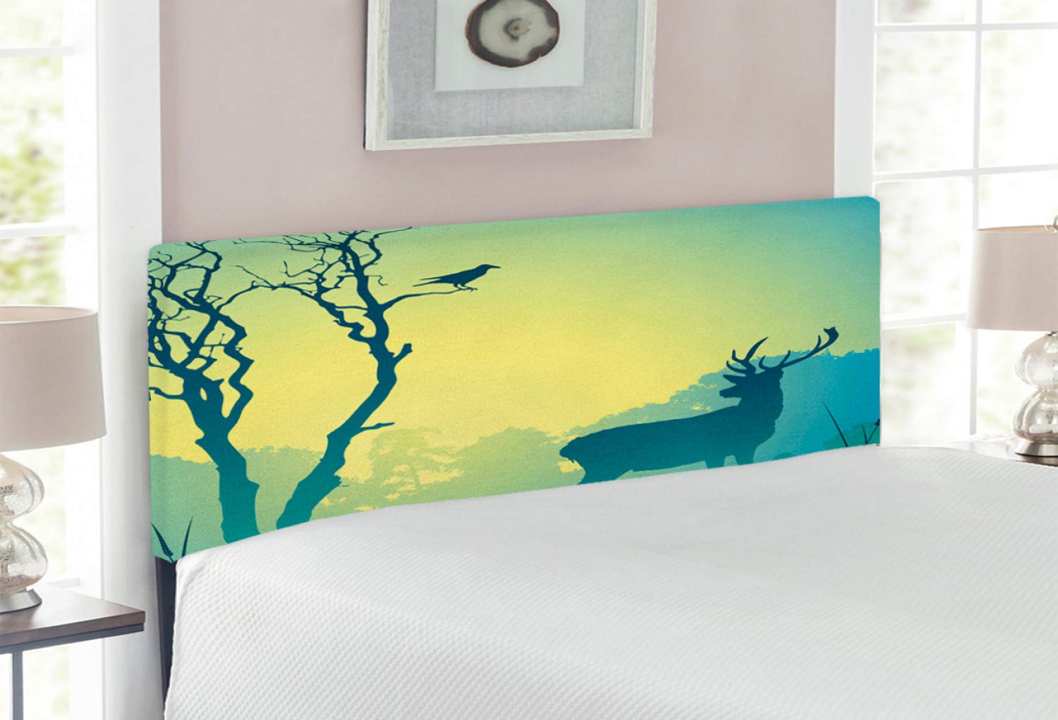 Lunarable Antlers Upholstered Headboard - Full Size Stag Deer Meadow Panorama with Trees & Birds, Decorative Metal Bed Frame with Memory Foam in Pale Green Blue - Perfect for Rustic & Nature-Inspired Bedroom Decor