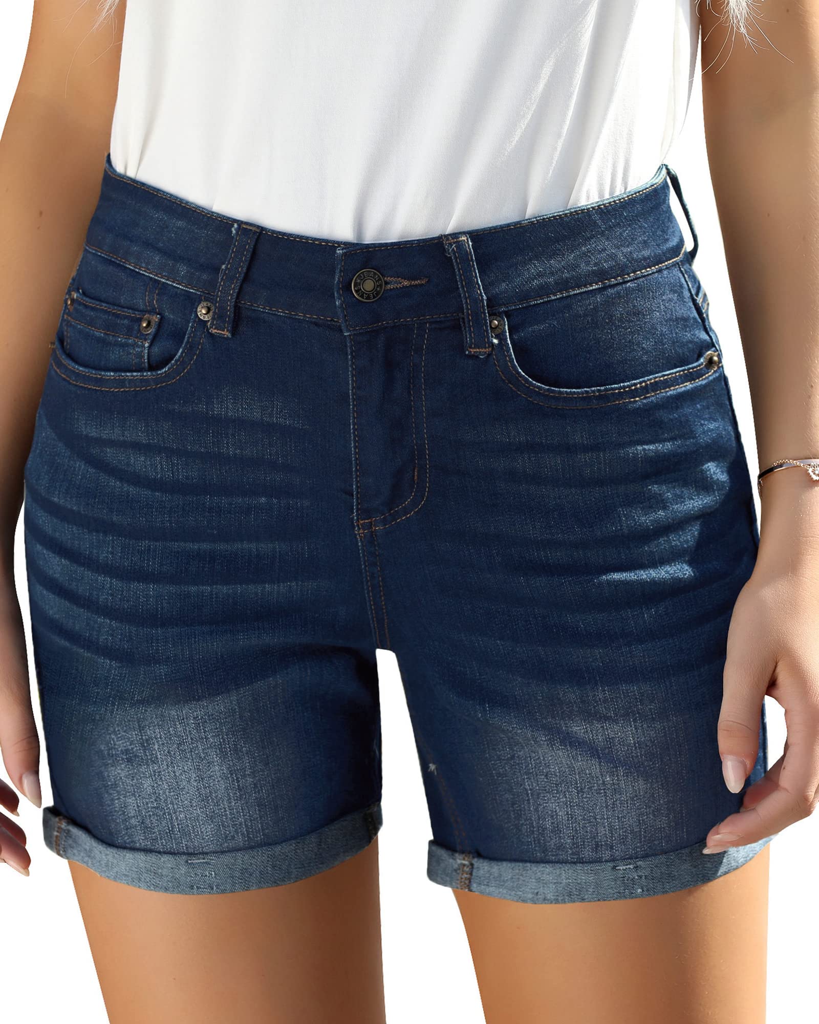 Stylish Women's High Waisted Distressed Denim Shorts - Stretchy Folded Hem Casual Jean Shorts for Summer Outfits, Beach Vacations & Streetwear Fashion