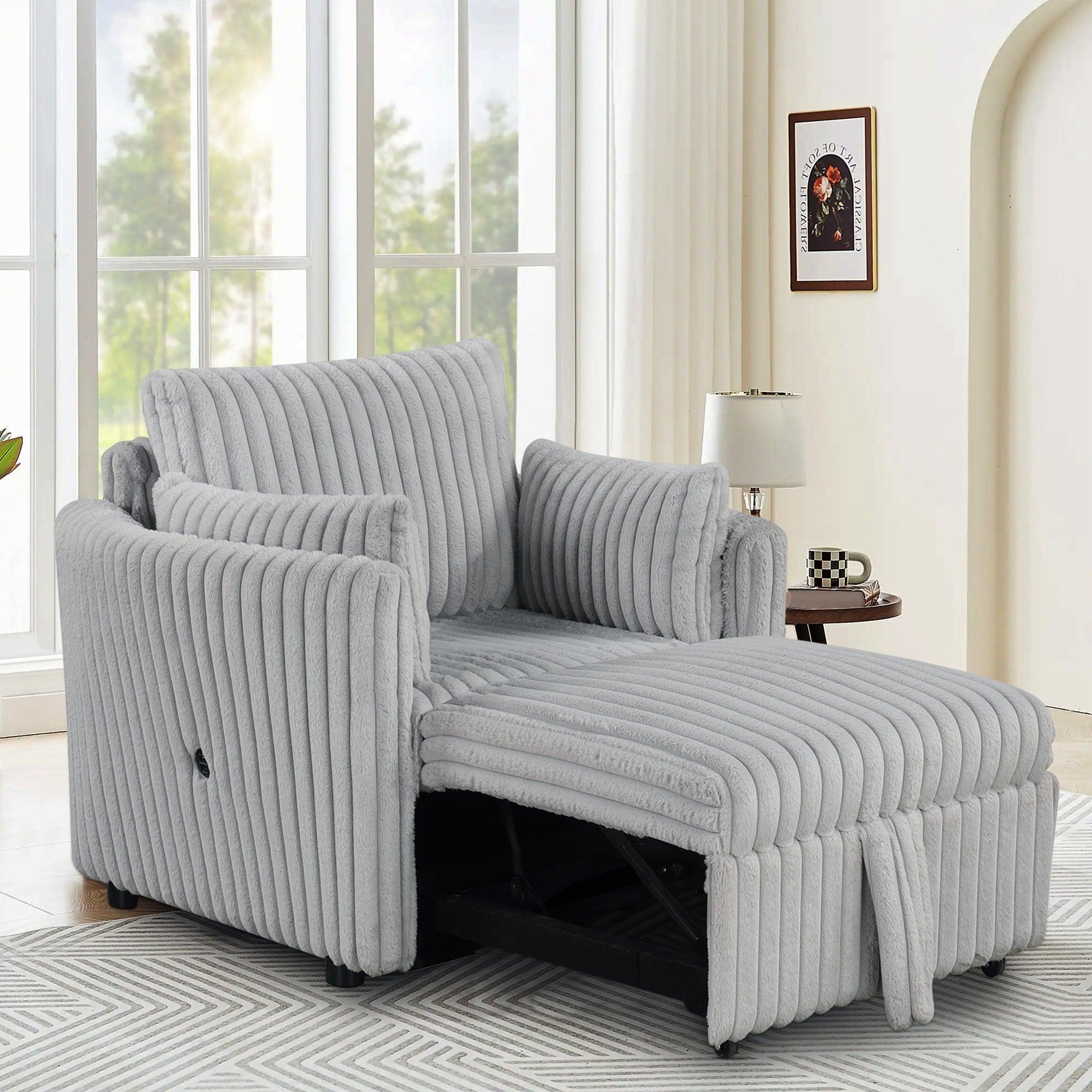 Light Gray Faux Fur Oversized Convertible Sleeper Sectional Sofa with USB Charging Ports - 3-in-1 Daybed, Couch & Chair with 2 Pillows - Perfect for Living Room, Home Theater & Guest Room