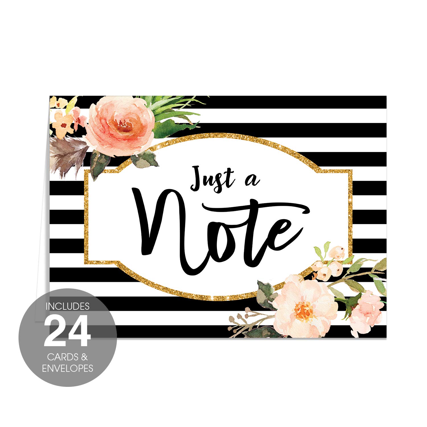 Elegant Black Stripe Floral & Faux Glitter Note Cards - 24 Pack All Occasion Greeting Cards (3.5