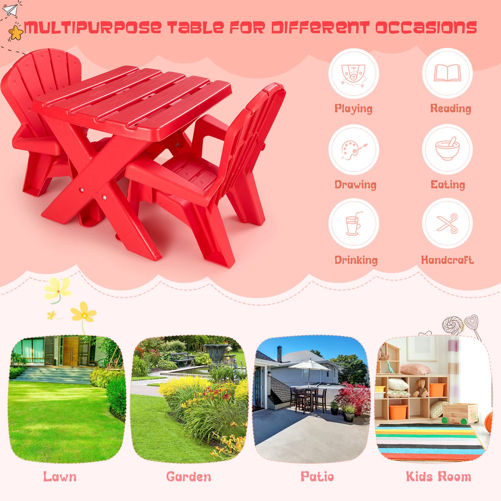 COSTWAY Kids Outdoor Table & Chair Set - 3-Piece Toddler Play Table with 2 Adirondack Chairs, Stackable Space-Saving Backyard Furniture for Beach, Garden & Lawn (Red) | Perfect for Outdoor Play, Picnics & Summer Activities