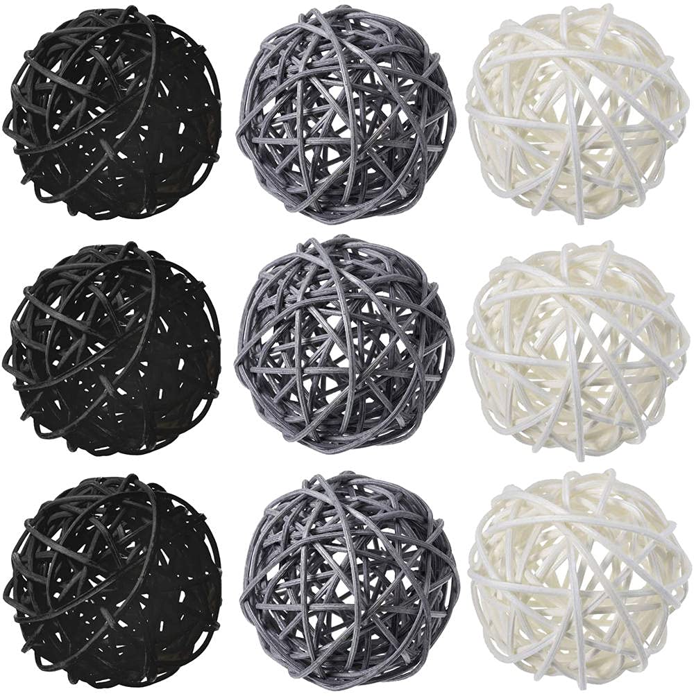 9-Piece 3-Inch Wicker Ball Decor Set - Natural Rattan Balls for Home Decor, DIY Vase Filler, Nursery & Wedding Table Centerpieces (White, Grey, Black) - Perfect for Boho, Farmhouse & Rustic Interior Styling
