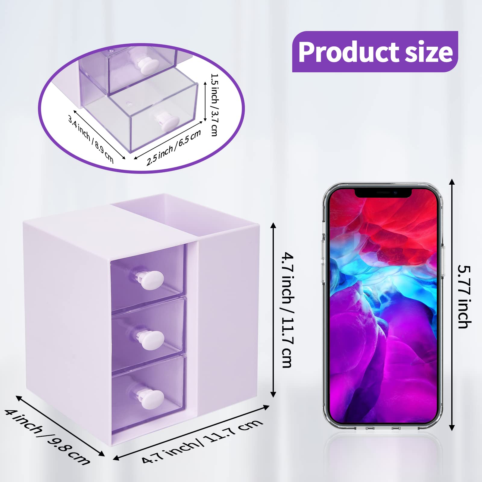 LETURE Small Desk Organizer with Drawer - Plastic Office & School Storage Box for Pens, Pencils, Markers, Cards & Stationery - Makeup Cosmetic Organizer (Purple) - Perfect for Home Office, Study Desk & Vanity Table Organization