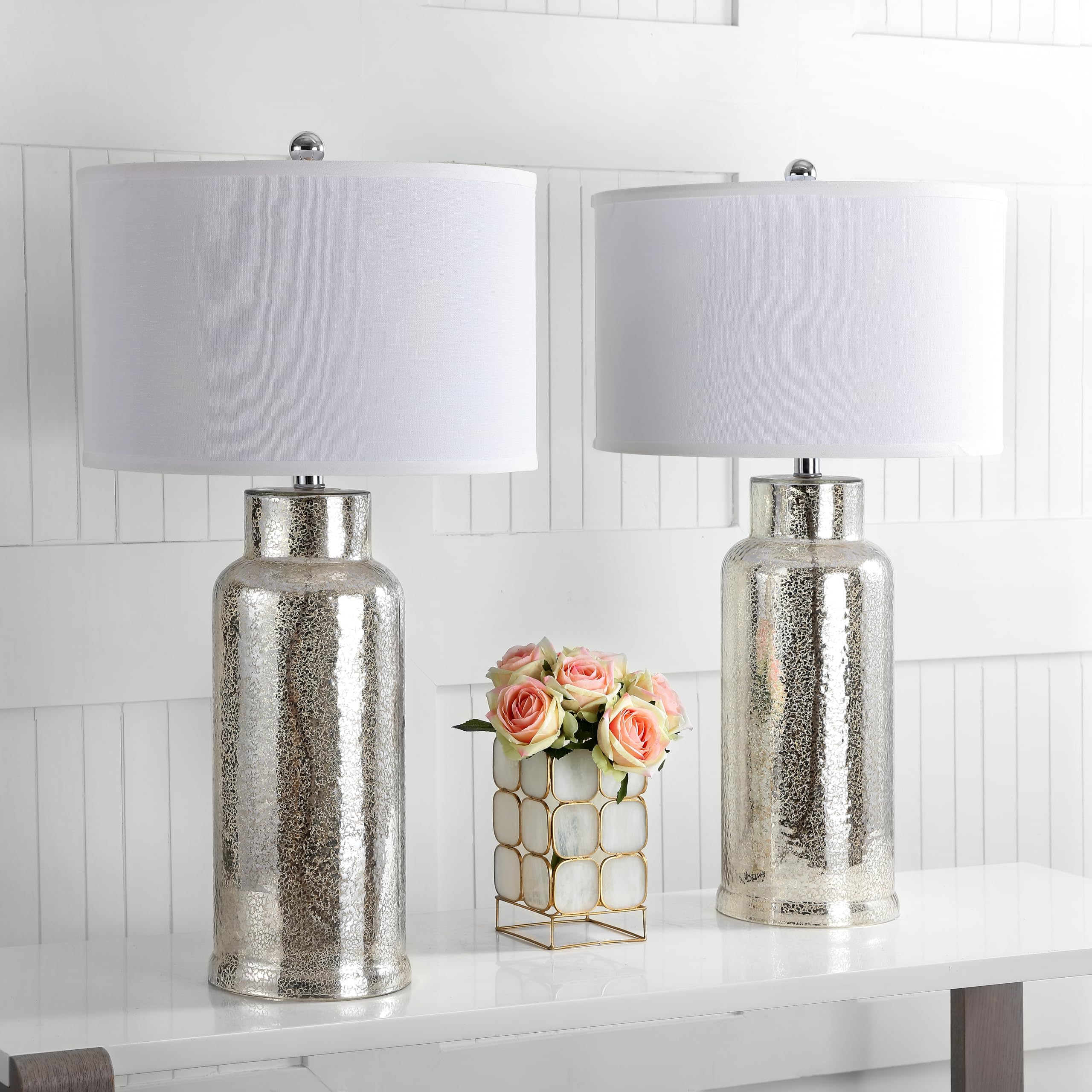 SAFAVIEH 30-inch Silver Glass Bottle Table Lamp Set of 2 with LED Bulbs - Modern Bedside Lighting for Bedroom, Living Room & Home Office - Perfect for Nightstands, Desks and Cozy Reading Nooks