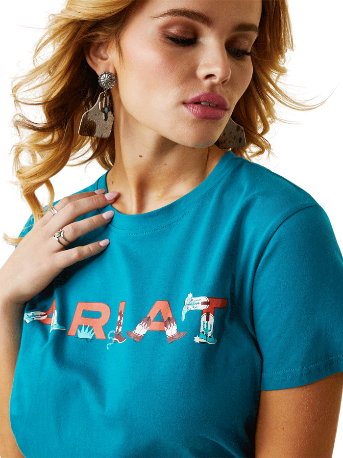Ariat Women's Real Boot Kickin' Logo Tee - Exotic Plume Print Short Sleeve Shirt for Western Riding & Country Fashion