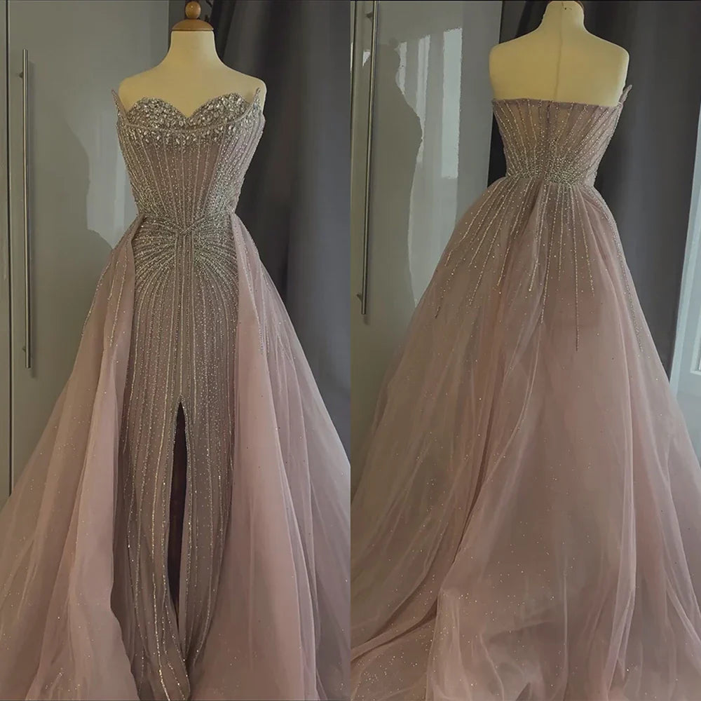 Luxury Dubai Nude Beaded Mermaid Evening Dress with Overskirt - Elegant Formal Gown for Prom, Wedding & Black Tie Events | LA72811