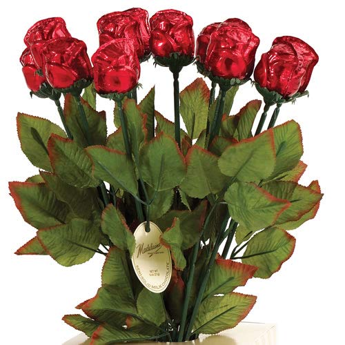 6 Long Stem Red Chocolate Roses Gift - Handmade Milk Chocolate Roses with 19-inch Stems & Silk Leaves, Elegant Red Foil Wrapping - Perfect for Valentine's Day, Anniversaries & Romantic Surprises