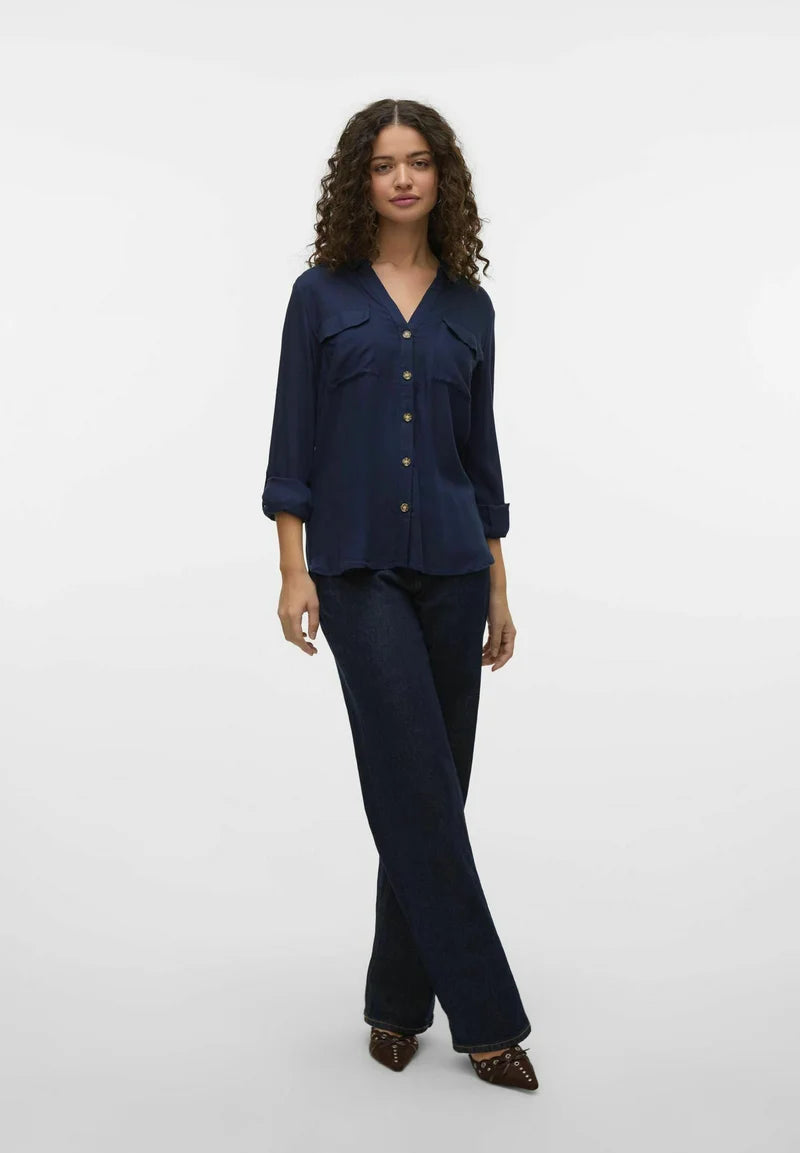 Vero Moda Women's Navy Blue Bumpy Textured Blouse - Casual Office Wear & Everyday Stylish Top