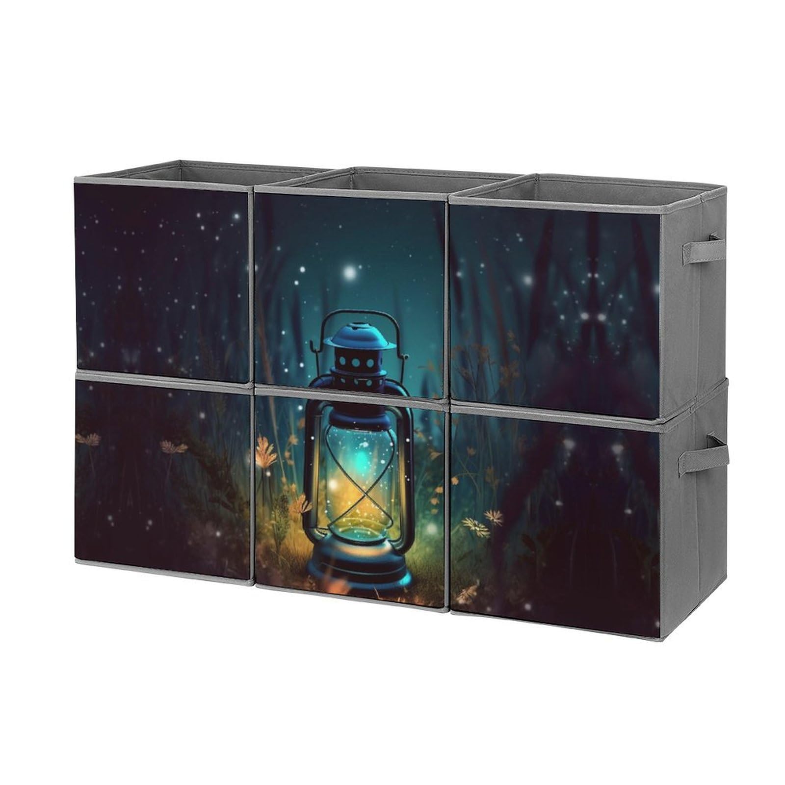 6-Pack Collapsible Storage Bins with Handles - Firefly & Lantern Pattern Fabric Storage Baskets for Closet, Bedroom, Nursery Organization - Space Saving Clothes & Toy Storage Boxes for Home Decor