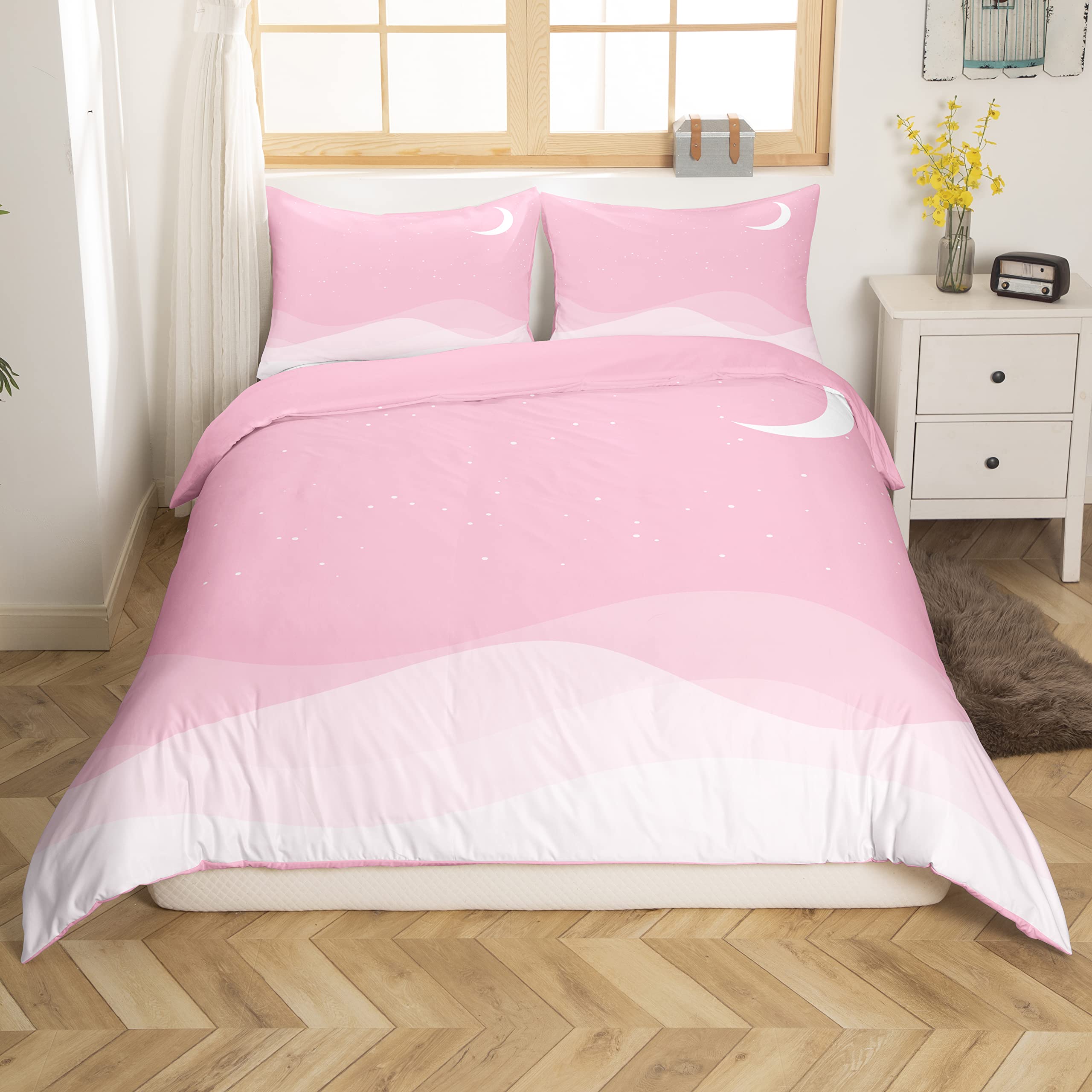 Pink Ombre Duvet Cover Twin Size - Cute Moon & Star Night Sky Bedding Set for Girls, Kids & Adults | Soft Lightweight Microfiber Comforter Cover with Pillow Sham | Perfect for Bedroom Decor, Kids Room, Dorm Room & Cozy Sleep